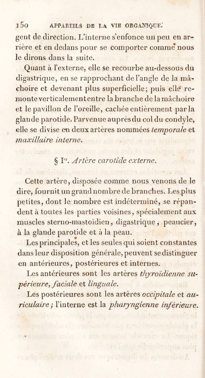 gent de direction. L’interne s’enfonce un peu en ar- rière et en dedans pour se comporter comme nous le dirons dans la suite. Quant à l’externe, elle se recourbe au-dessous du digastrique, en se rapprochant de l’angle de la mâ- choire et devenant plus superficielle; puis elle re- monte verticalement entre la branche de la mâchoire et le pavillon de l’oreille, cachée entièrement parla glande parotide. Parvenue auprèsdu col du condyîe, elle se divise eu deux artères nommées temporale et maxillaire interne. § P. Arlere coj'otide externe. Cette artère, disposée comme nous venons de le dire, fournit un grand nombre de branches. Lesplus petites, dont le nombre est indéterminé, se répan- dent à toutes les parties voisines, spécialement aux muscles sterno-mastoïdien, digastrique , peaucier, à la glande parotide et à la peau. Les principales, et les seules qui soient constantes dans leur disposition générale, peuvent se distinguer en antérieures, postérieures et internes. Les antérieures sont les artères thyroïdienne su- périeure, faciale et linguale. Les postérieures sont les artères occipitale et au- riculaire ; l’interne est la pharyngienne inférieure.