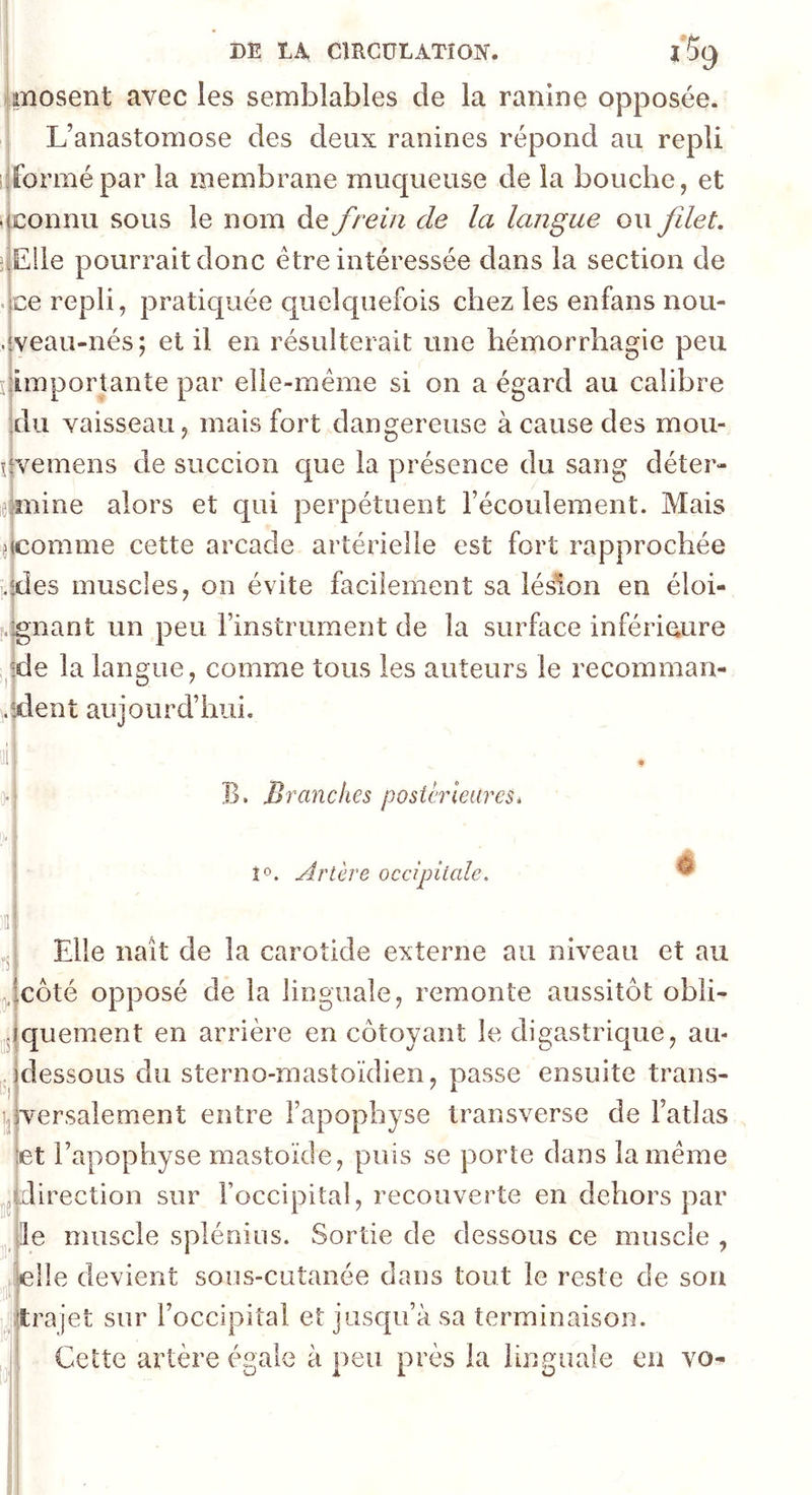 jmosent avec les semblables de la ranine opposée. L’anastomose des deux ranines répond au repli informé par la membrane muqueuse de la bouche, et .(Connu sous le nom de frein de la langue ou fdet. îiElle pourrait donc être intéressée dans la section de .[ce repli, pratiquée quelquefois chez les enfans nou- •lyeau-nés*, et il en résulterait une hémorrhagie peu I jim por tante par elle-même si on a égard au calibre du vaisseau, mais fort dangereuse à cause des mou- Uvemens de succion que la présence du sang déter- eunine alors et qui perpétuent l’écoulement. Mais ^(comme cette arcade artérielle est fort rapprochée ].rfes muscles, on évite facilement sa lésion en éloi- :.;gnant un peu rinstrurnent de la surface inférieure ,^=de la langue, comme tous les auteurs le recomman- >Ment aujourd’hui. B. Brandies postérieures. îo. Artère occipitale. Elle naît de la carotide externe au niveau et au ^.jcôté opposé de la linguale, remonte aussitôt obli- jjjjquement en arrière en côtoyant le digastrique, au- i^dessous du sterno-mastoïdien, passe ensuite trans- ij^ersalement entre l’apophyse transverse de l’atlas jet l’apophyse mastoïde, puis se porîe dans la même ^gj.direction sur l’occipital, recouverte en dehors par ^jjle muscle splénius. Sortie de dessous ce muscle , tklîe devient sous-cutanée dans tout le reste de son 'l t _ Jtrajet sur l’occipital et jusqu’à sa terminaison. Celte artère égale à peu près la linguale en vo-
