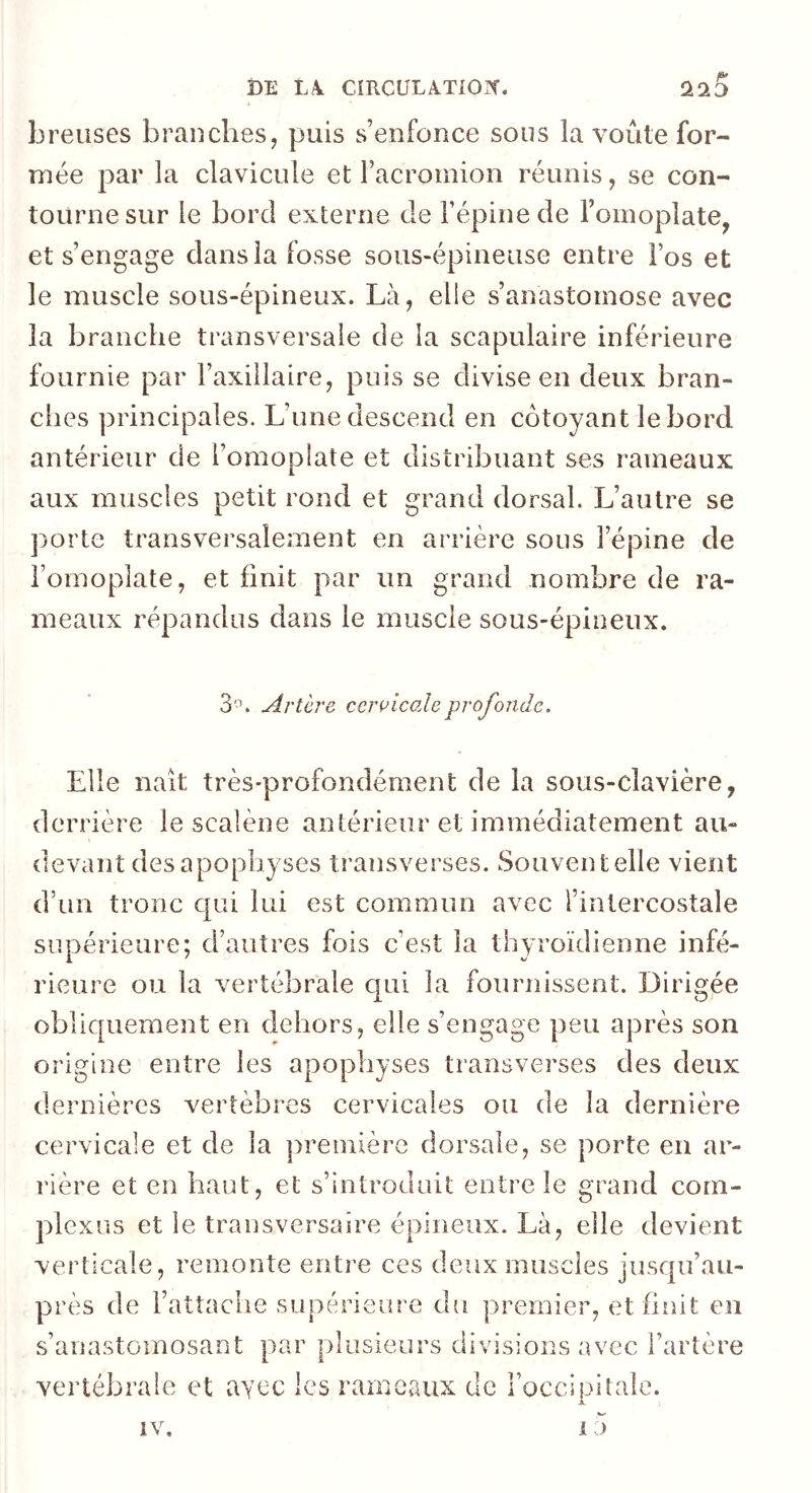 Ijrelises branches, puis s’enfonce sous la voûte for- mée par la clavicule et Facromion réunis, se con- tourne sur le bord externe de Fépinede Foinoplate, et s’engage dans la fosse sous-épineuse entre Fos et le muscle sous-épineux. Là, elle s’anastomose avec la branche transversale de la scapulaire inférieure fournie par l’axillaire, puis se divise en deux bran- ches principales. L’une descend en côtoyant le bord antérieur de l’omoplate et distribuant ses rameaux aux muscles petit rond et grand dorsal. L’autre se porte transversalement en arrière sous l’épine de Fomoplate, et finit par un grand nombre de ra- meaux répandus dans le muscle sous-épineux. 3^. Artère ceroicaleprofonde. Elle naît très-profondément de la sous-clavière, derrière le scalène antérieur et immédiatement au- devant des apophyses transverses. Souvent elle vient d’un tronc qui lui est commun avec l’intercostale supérieure; d’autres fois c’est la thyroïdienne infé- rieure ou la vertébrale qui la fournissent. Dirigée obliquement en dehors, elle s’engage peu après son origine entre les apophyses transverses des deux dernières vertèbres cervicales ou de la dernière cervicale et de la première dorsale, se porte en ar- rière et en haut, et s’introduit entre le grand com- plcxus et le transversaire épineux. Là, elle devient verticale, remonte entre ces deux muscles jusqu’au- près de l’attache supérieure du premier, et finit en s’anastomosant par plusieurs divisions avec Fartère vertébrale et ayec les rameaux de l’occipitale.