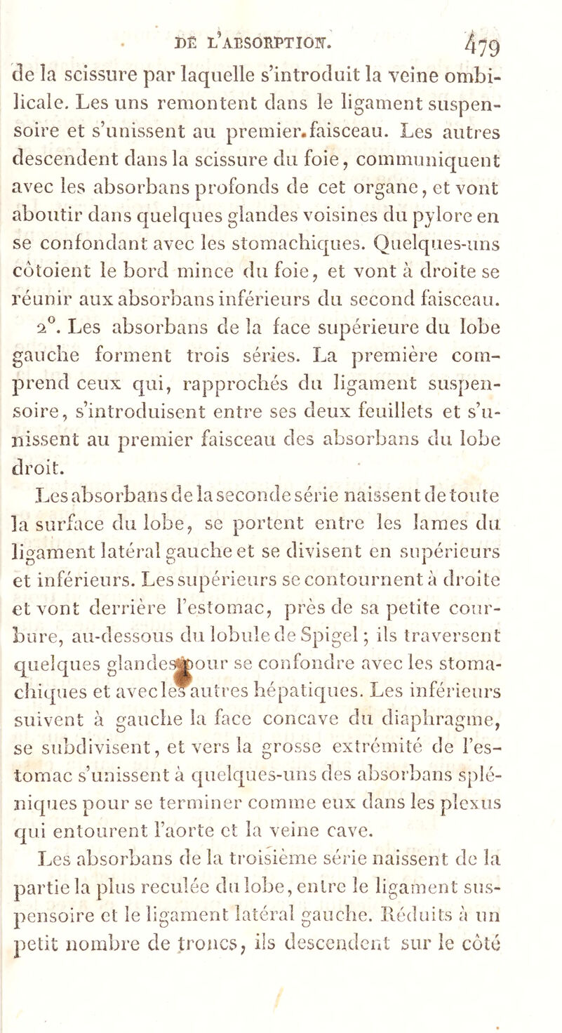 BË LAESORPTIOF. de la scissure par laquelle s’introduit la veine ombi- licale. Les uns remontent dans le ligament suspen- soire et s’unissent au premier,faisceau. Les autres descendent dans la scissure du foie, communiquent avec les absorbans profonds de cet organe, et vont aboutir dans quelques glandes voisines du pylore en se confondant avec les stomachiques. Quelques-uns côtoient le bord mince du foie, et vont à droite se réunir aux absorbans inférieurs du second faisceau. Les absorbans de la face supérieure du lobe gauche forment trois séries. La première com- prend ceux qui, rapprochés du ligament suspen- soire, s’introduisent entre ses deux feuillets et s’u- nissent au premier faisceau des absorbans du lobe droit. Les absorbans de la seconde série naissent de toute la surface du lobe, se portent entre les lames du ligament latéral gauche et se divisent en supérieurs et inférieurs. Les supérieurs se contournent à droite et vont derrière l’estomac, près de sa petite cour- bure, au-dessous du lobule de Spigel ; ils traversent quelques glande^^our se confondre avec les stoma- chiques et avec les autres hépatiques. Les inférieurs suivent à gauche la face concave du diaphragme, se subdivisent, et vers la grosse extrémité de l’es- tomac s’unissent à c|uelques-ims des absoîbans splé- niques pour se terminer comme eux dans les plexus qui entourent l’aorte et la veine cave. Les absorbans de la troisième série naissent de la partie la plus reculée du lobe, entre le ligament sus- pensoire et le ligament latéral gauche, lléduits à un petit nombre de troncs, ils descendent sur le côté