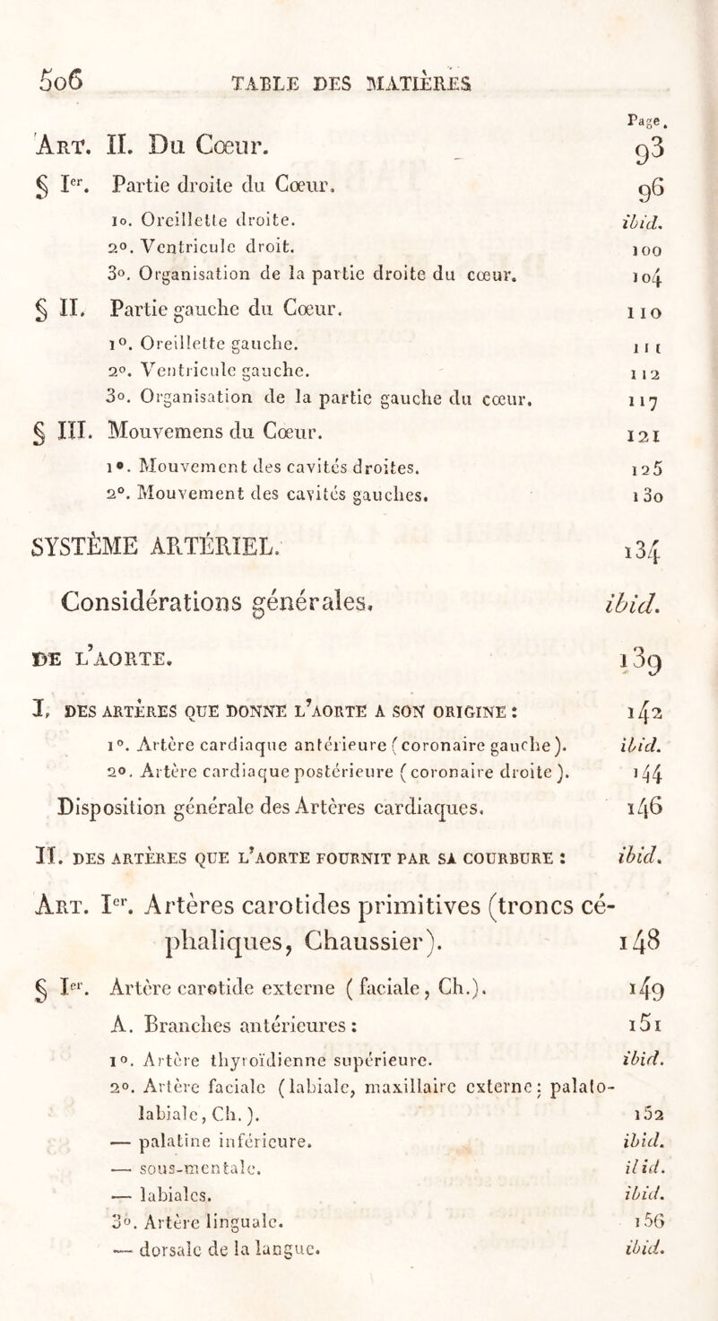 Art, il Du Cœur. ^ P''. Partie droite du Coeur, lo. Oreillette droite. 2°. Ventricule droit. 3», Organisation de la partie droite du cœur. § IL Partie gauche du Coeur, 1®. Oreillette gauche. 2°. Ventricule gauche. 3o. Organisation de la partie gauche du cœur. § lïL Mouvemens du Cœur. 10. Mouvement des cavités droites. 2®. Mouvement des cavités gauches. Page. 93 9S ibid. 100 J 04 1 10 1 1 ( 1 l 2 117 I2I 125 1 3o SYSTÈME APlTÉRIEL. Considérations générales. ibid. DE L AORTE. 1 89 I, DES ARTERES QUE DONNE l’aORTE A SON ORIGINE : l43 1®. Artère cardiaque antérieure (coronaire gauche). ibid. 20. Artère cardiaque postérieure (coronaire droite). 1^4 Disposition générale des Artères cardiaques, ïéjC IL DES ARTÈRES QUE L^AORTE FOURNIT PAR SA COURBURE : ihicl. Art. I'^*’. Artères carotides primitives (troncs cé- phaliques, Chaussier). i4B ^ L*'. Artère carotide externe ( faciale , Ch.). ï49 A. Branches antérieures : i5i i«. Artère thyroïdienne supérieure. ibid. 2°. Artère faciale (labiale, maxillaire externe: palalo- labialc, Ch. ). i52 — palatine inférieure. ibid. — sous-mentalc. ilid. ■— labiales. ibid. 30. Artère linguale. i56 —^ dorsale de la langue. ibid.