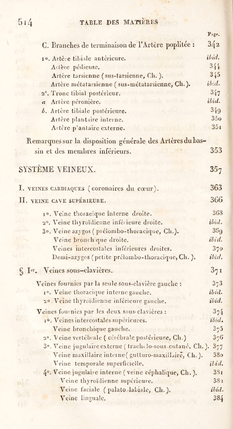 Page. C. Branches de terminaison de l’Artère poplitée : 342 10. Artè-e tibiale antérieure. ibicL Al 1ère pédieuse. Artère tarsienne (sus-tarsienne, Cdi. ). 345 Artère métatarsienne ( sus-rnétatarsicnne, Ch.)* ibid. 2. Tronc tibial postérieur. 3^7 a Artère péronière. ibid. b. Artère tibiale postérieure. 349 Artère plantaire interne. 35o Al tère p’antaire externe. 351 Remarques sur la disposition générale des Artères duhas- sin et des membres inférieurs. ' 353 SYSTÈME YEINEÜX. 35; I. YEiNES CARDIAQUES (coronaircs du cœur). 363 II. YEINE CAYE SUPÉRIEURE. 3G6 10. Veine thoracique interne droite. 363 2'’. Veine thyroïdienne infétieure droite. ibid. 3». Veine azygos ( prélombo-thoraciquc, Ch.). 369 Veine bronchique droite. ibid. Veines intercostales inférieures droites. 870 Demi-azygos (petite préiombo-thoracique, Ch. ), ibid. § I«'. Veines sous-clavières. 371 Veines fournies par la seule soiis-claviêre gauche : SyS I. Veine thoracique interne gauche. ibid. 20 , Veine thvroïdienne inférieure gauche. ibid. Veines foui nies par les deux snus-clavicrcs : 374 i®. Veines intercostales supérieures. ibid. Veine bronchique gauche. 373 2®. Veine vertébrale ( cérébrale postérieure, Ch.) 876 3®.'^’’eine jugulaire externe ( traclii lo-sous-cutané. Ch,). 877 Veine maxillaire intcrne( gutturo-maxillairê, Ch. ). 38o Veine temporale supciTicicHe. ibid. 4°. Veine jugulaire interne (veine céphalique, Ch.). 38i Veine thyroïdienne supérieure. 38.i Veine faciale ( palato dabiale, Ch.). ibid. Veine linguale. 384