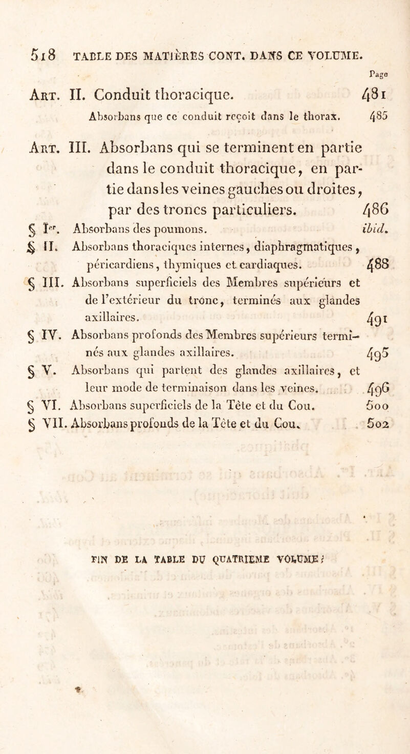 5x8 TABLE DES MATiÈRES CONT. DAKS CE VOLUME. Page Art. II. Conduit thoracique. 4^1 Absoî'bans que ce conduit reçoit dans le thorax. 4^^ Art. III. Absorbans qui se terminent en partie dans le conduit thoracique, en par- tie dans les veines gauches ou droites, par des troncs particuliers. 4^6 § ALsorbans des poumons. ihid. § U. Absorbans thoraciques internes, diaphragmatiques , péricardiens, thymiques et cardiaepes. 4^^ S III. Absorbans superlicieis des Membres supérieurs et de Textérieur du trône, terminés aux glandes axillaires. S IV. Absorbons profonds des Membres supérieurs termi- nés aux glandes axillaires. § V. Absorbans qui partent des glandes axillaires, et leur mode de terminaison dans les veines. § VI. Absorbans superficiels de la Tète et du Cou. § VIL Absorbans profonds de la Tète et du Cou. 49' 495 49G 5oo 5o2 riN DE LA TABLE DU QUATRIEME VOfctJME ^