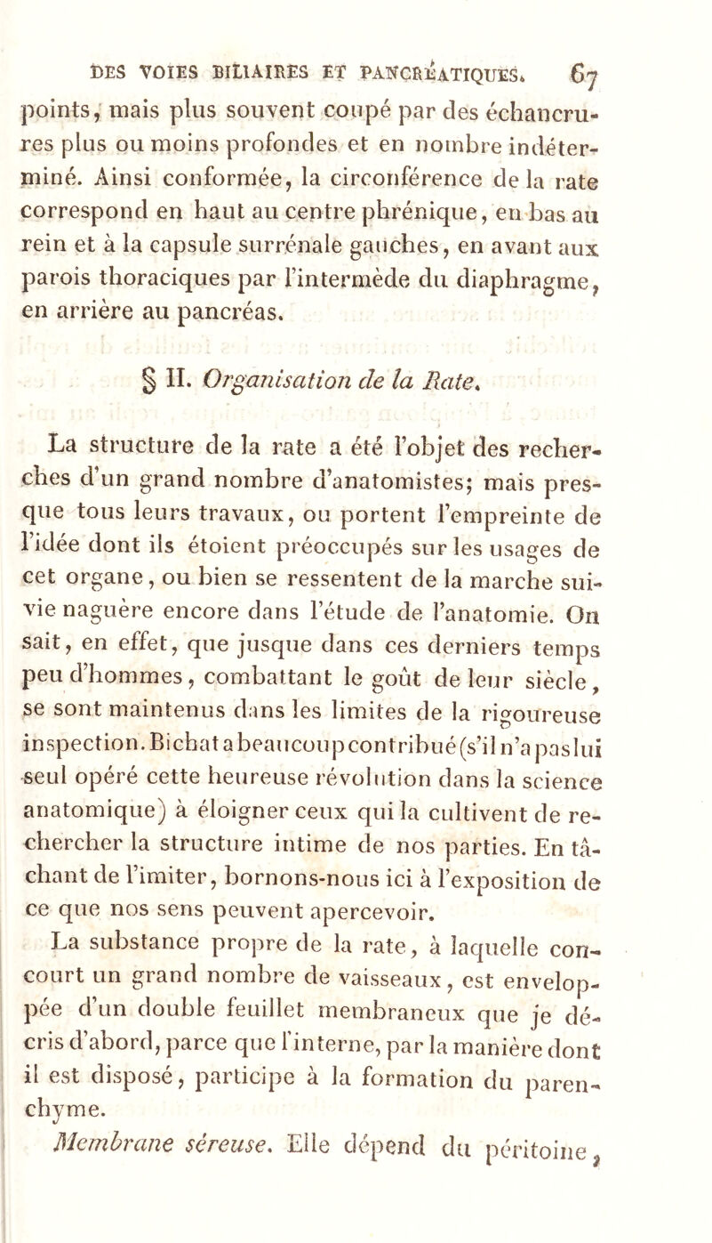 points,' mais plus souvent coupé par des échancru- res plus ou moins profondes et en nombre indéter^ miné. Ainsi conformée, la circonférence delà rate correspond en haut au centre phrénique, en bas au rein et à la capsule surrénale gauches, en avant aux parois thoraciques par l’intermède du diaphragme, en arrière au pancréas, § IL Oî'ganisation de la Rate^ La structure de la rate a été l’objet des recher- ches d’un grand nombre d’anatomistes; mais pres- que tous leurs travaux, ou portent l’empreinte de l’idée dont ils étoient préoccupés sur les usages de cet organe, ou bien se ressentent de la marche sui- vie naguère encore dans l’étude de l’anatomie. On sait, en effet, que jusque dans ces derniers temps peu d’hommes, combattant le goût de leur siècle, se sont maintenus dans les limites de la rigoureuse inspection. Bichat a beaucoup contribué (s’il n’a paslui seul opéré cette heureuse révolution dans la science anatomique) à éloigner ceux qui la cultivent de re- chercher la structure intime de nos parties. En tâ- chant de l’imiter, bornons-nous ici à l’exposition de ce que nos sens peuvent apercevoir. La substance propre de la rate, à laquelle con- court un grand nombre de vaisseaux, est envelop- pée d’un double feuillet membraneux que je dé- cris d’abord, parce que finterne, par la manière dont il est disposé, participe à la formation du paren- chyme. Membrane séreuse. Elle dépend du péritoine ^