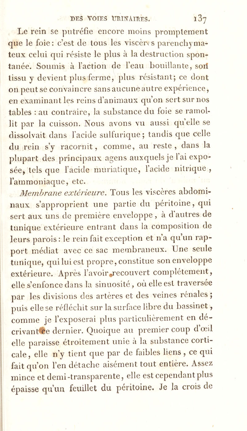 DES VOTES tTEHSTÀT^ES. iZj Le rein se putréfie encore moins promptement que le foie: c’est de tous les viscères parenchyma- teux celui qui résiste le plus à la destruction spon- tanée. Soumis à faction de feau bouillante, sort tissu y devient plus ferme, plus résistant; ce dont on peut se convaincre sans aucune autre expérience, en examinant les reins d’animaux qu’on sert sur nos tables : au contraire, la substance du foie se ramol- lit par la cuisson. Nous avons vu aussi quelle se dissolvait dans facide sulfurique ; tandis que celle du rein s’y racornit, comme, au reste, dans la plupart des principaux agens auxquels je fai expo- sée, tels que facide muriatique, facide nitrique , l’ammoniaque, etc. Membrane extérieure. Tous les viscères abdomi- naux s’approprient une partie du péritoine, qui sert aux uns de première enveloppe, à d autres de tunique extérieure entrant dans la composition de leurs parois : le rein fait exception et n a qu un rap- port médiat avec ce sac membraneux. Une seule tunique, c[ui lui est propre, constitue son enveloppe extérieure. Après favoir©i’ecouvert complètement, elle s’enfonce dans la sinuosité, où elle est traversée par les divisions des artères et des veines rénales ; puis elle se réfléchit sur la surface libre du bassinet, comme je fexposerai plus particulièrement en dé- crivantfte dernier. Quoique au premier coup d’œil elle paraisse étroitement unie a la substance corti- cale , elle n’y tient que par de faibles liens , ce qui fait qu’on fen détache aisément tout entière. Assez mince et demi-transparente, elle est cependant plus épaisse qu’un feuillet du péritoine. Je la crois de