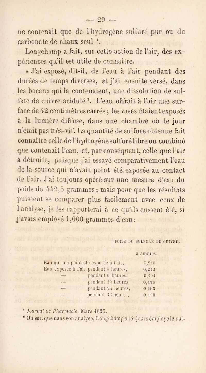 ne contenait que de rbydrogôiie sulfuré pur ou du carbonate de chaux seul b Loogcli^mp a fait, sur celle aclion dcFair; des ex- périences qiFii est utile de connaître. J’ai exposé, dit-il, de l’eau à i’air pendant des durées de temps diverses, et j’ai ensuite versé, dans les bocaux qui la contenaient, une dissolu lion de sul- fate de cuivre acidulé b L’eau offrait à l’air une sur-' face de 42 centimètres carrés ; les vases étaient exposés à la lumière diffuse, dans une chambre où le jour n’élait pas très-vif. La quantité de sulfure obtenue fait connaître celle de i’iiydrogène sulfuré libre ou combiné que contenait l’eau, et, par conséquent, celle que l’air a détruite, puisque j’ai essayé comparativement l’eau de la source qui n’avait point été exposée au contact de Fair. J ai toujours opéré sur une mesure d’eau du poids de 442,5 grammes ; mais pour que les résullals puissent se comparer plus facilement avec ceux de 1 analyse, je les rapporterai à ce qu’ils eussent été, si j’avais employé 1,000 grammes d’eau : POIUS DU SULFURE DE CUIVRE. gni mines. Eau qui n’a point été exposée à l'air, 0,2'm Eau exposée à l’air pendant r. lienres, 0,215 — pendant G heures. 0,î9i pendant ! 2 heures, 0,175 — pendant e 4 lienres, 0,155 — pendant d heures, 0,Î20 ^ Journal de Pharmacie. Mars -1825. ^ Oii sait que dans son analyse, Longcliamp a Idajours employé le sui-