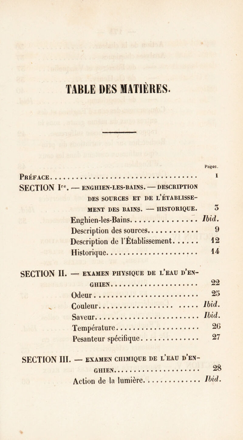 TABLE DES MATIÈRES. Pages, Préface * SECTION P®. — ENGHIEN-LES-BAINS. —DESCRIPTION DES SOURCES ET DE l’ÉTABLISSE- MENT DES BAINS. —• HISTORIQUE. 5 Enghien-les-Bains Ibid. Description des sources. 9 Description de l’Établissement 12 Historique • • 1^ SECTION IL — EXAMEN PHYSIQUE DE l’eAU d’eN- GHIEN . • • 22 Odeur * 25 ^ Couleur ibid. Saveur Ibid. Température * 20 Pesanteur spécifique • 27 SECTION III. — EXAMEN CHIMIQUE DE l’eAU d’EN- GHIEN 28 Action de la lumière Ibid.