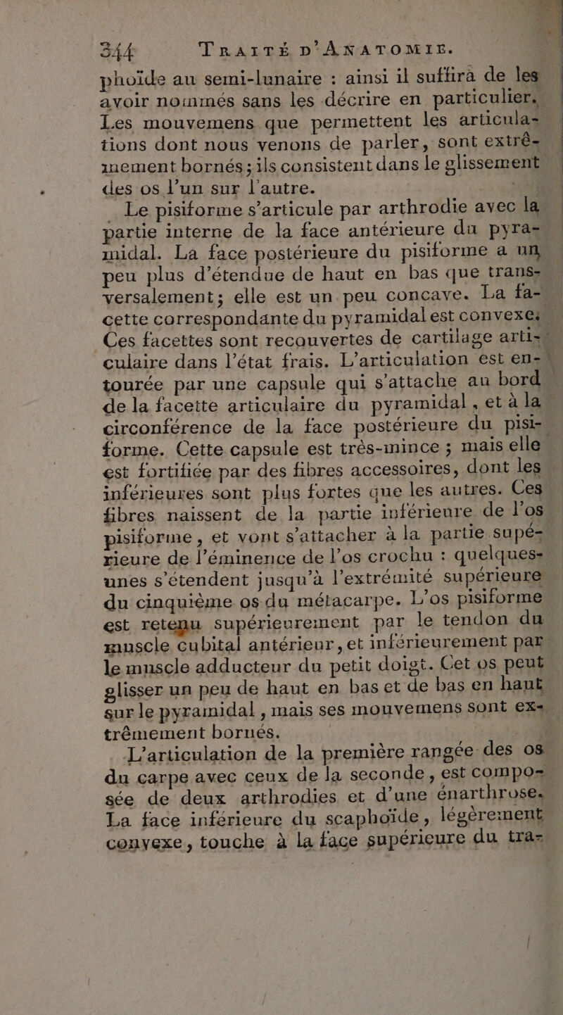 phoïde au semi-lunaire : ainsi il suffira de les avoir nommés sans les décrire en particulier, Les mouvemens que permettent les articulas tions dont nous venons de parler, sont extrês des os l’un sur l’autre. … Le pisiforme s’articule par arthrodie avec la partie interne de la face antérieure du pyra- midal. La face postérieure du pisiforme a un peu plus d’étendue de haut en bas que transy culaire dans l’état frais. L’articulation est ens tourée par une capsule qui s'attache au bord de la faceite articulaire du pyramidal , et à la 22 est fortifiée par des fibres accessoires, dont les inférieures sont plus fortes que les autres. Ces pisiforme , et vont s'attacher à la partie supé- rieure de l’éminence de l'os crochu : quelques: unes s'étendent jusqu'à l'extrémité supérieure du cinquième os du métacarpe. L’os pisiforme est retenu supérieurement par le tendon du le muscle adducteur du petit doigt. Cet os peut trêmement bornes. L’articulation de la première rangée des 08 sée de deux arthrodies et d'une énarthrose. , à ra 4 e . ÿ4 \ r- La face inférieure du scaphoïde, légérement convexe, touche à La face supérieure du traz