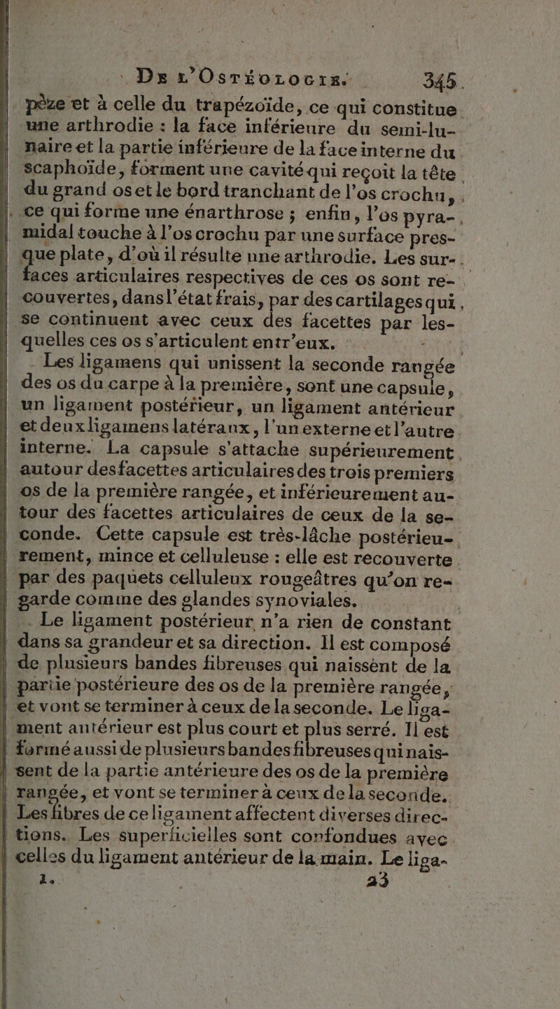 du grand oset le bord tranchant de l'os crochn, midal touche à l’oscrochu par une surface pres- couvertes, dansl'état frais, par des cartilages qui quelles ces os s’articulent entr’eux. des os du carpe à la première, sont une capsule, un ligament postérieur, un ligament antérieur et deuxligamens latéranx, l'unexterneetl’autre autour desfacettes articulaires des trois premiers | tour des facettes articulaires de ceux de la se- | par des paquets celluleux rougeîtres qu’on re= | garde comme des glandes synoviales. | dans sa grandeur et sa direction. Il est composé | de plusieurs bandes fibreuses qui naissent de la | parie postérieure des os de la première rangée, | et vont se terminer à ceux dela seconde. Le liga- | ment antérieur est plus court et plus serré. Il est | forméausside plusieurs bandes fibreuses qui nais- sent de la partie antérieure des os de la première | rangée, et vont se terminer à ceux de la seconde. | Les fibres de celisament affectent diverses direc- tions. Les superficielles sont confondues avec | celles du ligament antérieur de la main. ne liga- | Le pi