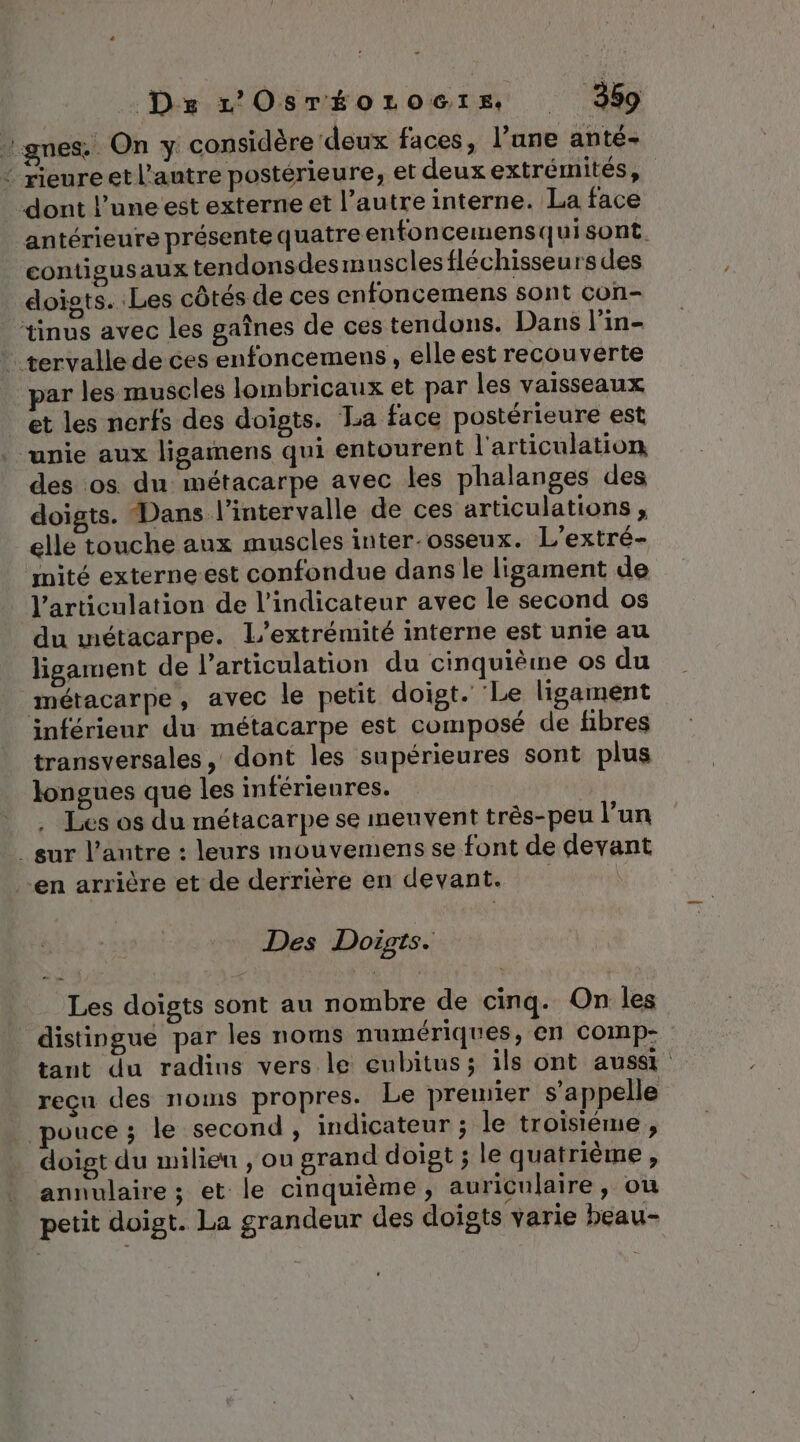 gnes:. On y considère deux faces, lune anté- ‘ rieureetl’antre postérieure, et deux extrémités, dont l’une est externe et l’autre interne. La face antérieure présente quatre enfoncemensqui sont. contigusaux tendonsdes muscles fléchisseurs des doiots. Les côtés de ces enfoncemens sont con- tinus avec les gaînes de ces tendons. Dans l’in- … tervalle de ces enfoncemens, elle est recouverte par les muscles lom bricaux et par les vaisseaux et les nerfs des doigts. La face postérieure est “unie aux ligamens qui entourent l'articulation des os du métacarpe avec les phalanges des doigts. Dans l'intervalle de ces articulations , elle touche aux muscles inter-osseux. L'extré- ‘mité externeest confondue dans le ligament de l'articulation de l'indicateur avec le second os du métacarpe. L’extrémité interne est unie au ligament de l'articulation du cinquième os du métacarpe, avec le petit doigt. ‘Le ligament inférieur du métacarpe est composé de fibres transversales, dont les supérieures sont plus longues que les inférieures. . Les os du métacarpe se meuvent très-peu l’un _gur l’autre : leurs mouvemens se font de devant en arrière et de derrière en devant. | Des Doigts. Les doigts sont au nombre de cinq. On les distingue par les noms numériques, en comp- tant du radins vers le ceubitus; ils ont aussi reçu des noms propres. Le premier s'appelle pouce ; le second, indicateur ; le troisiéme , doigt du milieu , ou grand doigt ; le quatrième , _ annulaire; et le cinquième, auriculaire, ou _ petit doigt. La grandeur des doigts varie beau-
