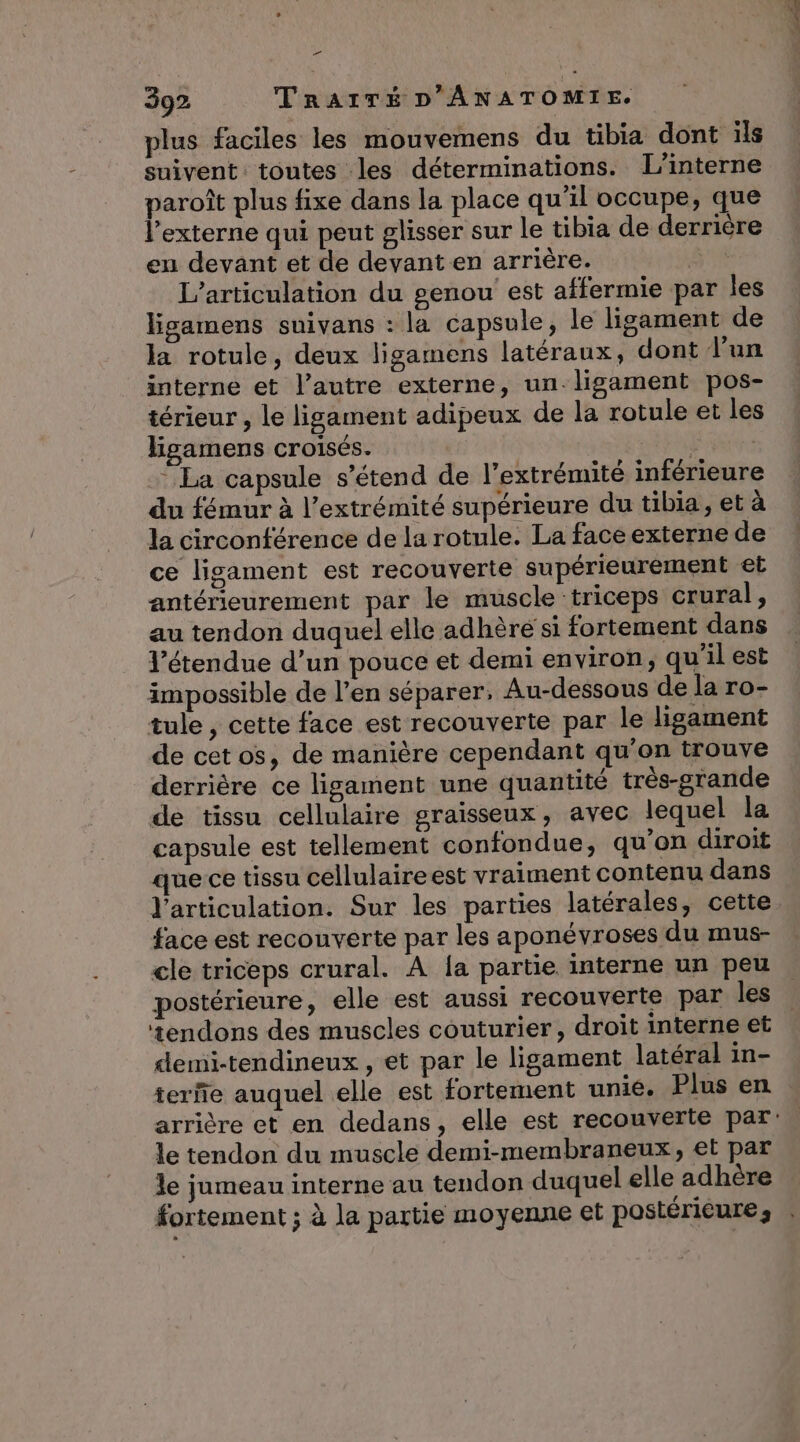 plus faciles les mouvemens du tibia dont ils suivent toutes les déterminations. L’interne paroît plus fixe dans la place qu'il occupe, que l’externe qui peut glisser sur le tibia de derrière en devant et de devant en arrière. a L’articulation du genou est affermie par les ligamens suivans : la capsule, le ligament de la rotule, deux ligamens latéraux, dont l'un interne et l’autre externe, un-ligament pos- térieur , le ligament adipeux de la rotule et les ligamens croisés. METLE La capsule s’étend de l'extrémité inférieure du fémur à l'extrémité supérieure du tibia, et à la circonférence de la rotule. La face externe de ce lisament est recouverte supérieurement et antérieurement par le muscle ‘triceps crural, au tendon duquel elle adhère si fortement dans V’étendue d’un pouce et demi environ, qu'il est impossible de l’en séparer, Au-dessous de la ro- tule , cette face est recouverte par le ligament de cetos, de manière cependant qu'on trouve derrière ce ligament une quantité trés-grande de tissu cellulaire graisseux, avec lequel la capsule est tellement confondue, qu'on diroit que ce tissu cellulaireest vraiment contenu dans l'articulation. Sur les parties latérales, cette face est recouverte par les aponévroses du mus- cle triceps crural. A {a partie interne un peu postérieure, elle est aussi recouverte par les tendons des muscles couturier, droit interne et demi-tendineux , et par le ligament latéral in- terñe auquel elle est fortement unié. Plus en le tendon du muscle demi-membraneux, et par le jumeau interne au tendon duquel elle adhère fortement ; à la partie moyenne et postérieure ; LEE rs Dr 2.