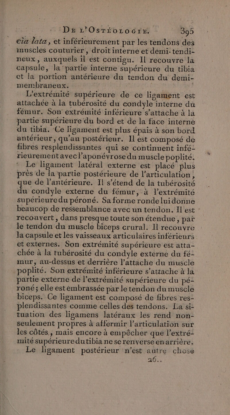 DE r’Osréorocrs. 440 ëia lata, et inférieurement par les tendons des inuscles couturier, droit interne et demi-tendi- neux, auxquels il est contigu. Il recouvre la capsule, la ‘partie interne supérieure du tibia ct la portion antérieure du tendon du demi- membraneux. | f | L’extrémité supérieure de ce ligament est attachée à la tubérosité du condyle interne du fémur. Son extrémité inférieure s'attache à la partie supérieure du bord et de la face interne du tibia. ‘Ce ligament est plus épais à son bord antérieur, qu'au postérieur. Il est composé de fibres resplendissantes qui se continuent infé- rieurement avec l’aponéyrose du muscle poplité. Le ligament latéral externe est placé plus près de la partie postérieure de l’articulation ue de l’antérieure. Il s’étend de la tubérosité du condyle externe du fémur, à l'extrémité supérieure du péroné. Sa forme ronde luidonne beaucop de ressemblance avec un tendon. Il est : recouvert, dans presque toute son étendue , pat le tendon du muscle biceps crural. H recouvre Ja capsule et les vaisseaux articulaires inférieurs et externes. Son extrémité supérieure est atta- chée à la tubérosité du condyle externe du fé: mur, au-dessus et derrière l’attache du muscle _ poplité. Son extrémité inférieure s'attache à la partie externe de l'extrémité supérieure du pé- _roné; elle estèembrassée par le tendon du muscle biceps. Ce ligament est composé de fibres res- plendissantes comme celles des tendons. La si- tuation des lisamens latéraux les rend non- seulement propres à affermir l'articulation sur les côtés., mais encore à empêcher qué l’extré- mité supérieure dutibia ne se renverse enarrière. Le ligament postérieur ‘n’est autre chose | 26: