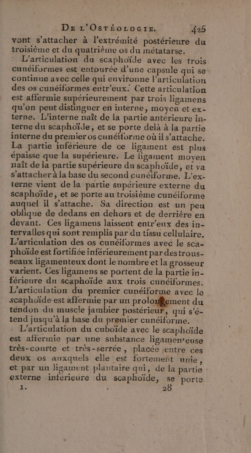 vont s'attacher à l'extrémité postérieure du troisième et du quatrième os du métatarse. L’articulation du scaphoïde avec les trois cunéifourmes est entourée d’une capsule qui se continue avec celle qui environne l'articulation des os cunéiformes entr'eux. Cette articulation est affermie supérieurement par trois ligamens qu'on peut distinguer en interne, moyen et ex- terne. L’interne naît de la partie antérieure in- terne du scaphoïde, et se porte delà à la partie interne du premier os cunéiforme où il s'attache. La partie inférieure de ce ligament est plus épaisse que la supérieure. Le ligament moyen naît de la partie supérieure du scaphoïde, et va s'attacher à la base du second cunéiforme, L'ex- terne vient de la partie supérieure externe du scaphoïde, et se porte au troisième cunéiforme auquel il s'attache. Sa direction est un peu oblique de dedans en dehors et de derrière en devant. Ces ligamens laissent entr'eux des in- tervalles qui sont remplis par du tissu cellulaire. L’'articulation des os cunéiformes avec le sca- phoïde est fortifiée inférieurement par destrous- seaux ligamenteux dont le nombre et la grosseur varient. Ces ligamens se portent de la partie in- férieure du scaphoïde aux trois cunéiformes. L'articulation du premier cunéiforme avec le scaphoïde est affermie par un prolonement du tendon du muscle jambier postérieur, qui s'é- tend jusqu’à la base du premier cunéiforme. L’articulation du cuboïde avec le scaphoïde est affermie par une substance lisgamenteuse très-courte et très-serrée , placée jentre ces deux os anxquels elle est fortemenñt umie, et par un ligament plantaire qui, de la partie : externe inférieure du scaphoïde, se porte , 20