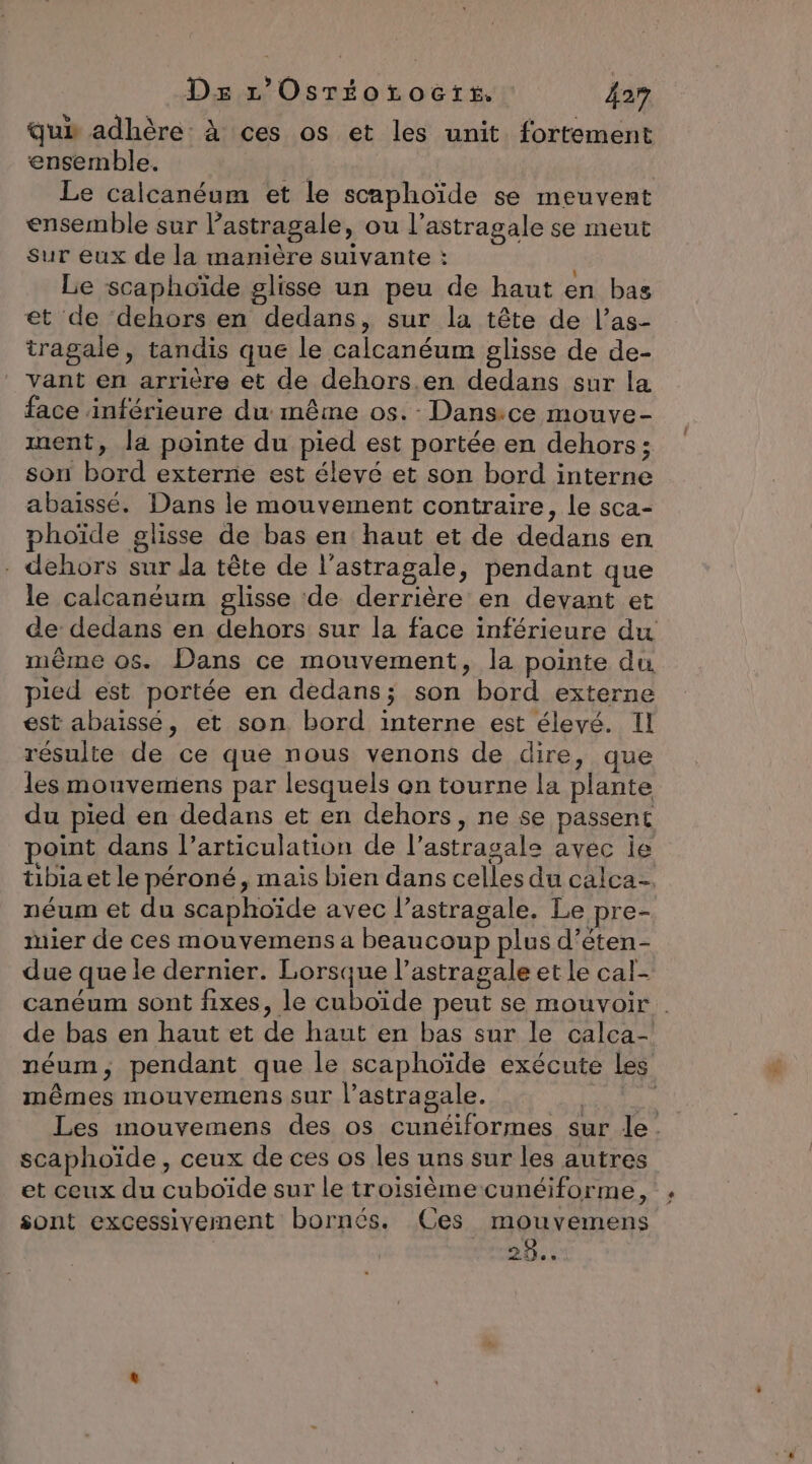 qub adhère à ces os et les unit fortement ensemble. | Le calcanéum et le scaphoïde se meuvent ensemble sur lastragale, ou l’astragale se meut Sur eux de la manière suivante : | Le scaphoïde glisse un peu de haut en bas et de dehors en dedans, sur la tête de l’as- tragale, tandis que le calcanéum glisse de de- vant en arrière et de dehors.en dedans sur la face inférieure du même os. Dans:ce mouve- ment, la pointe du pied est portée en dehors; son bord externe est élevé et son bord interne abaissé. Dans le mouvement contraire, le sca- phoïde glisse de bas en haut et de dedans en - dehors sur da tête de l’astragale, pendant que le calcanéum glisse de derrière en devant et de dedans en dehors sur la face inférieure du même 05. Dans ce mouvement, la pointe du pied est portée en dedans; son bord externe est abaissé, et son bord interne est élevé. II résulte de ce que nous venons de dire, que les mouvemiens par lesquels on tourne la plante du pied en dedans et en dehors, ne se passent point dans l’articulation de l’astragale avec ie tibia et le péroné, mais bien dans celles du calca- néum et du scaphoïde avec l’astragale. Le pre- lier de ces mouvemens a beaucoup plus d’éten- due que le dernier. Lorsque l’astragale et le cal- canéum sont fixes, le cuboïde peut se mouvoir . de bas en haut et de haut en bas sur le calca-! néum, pendant que le scaphoïde exécute les mêmes mouvemens sur l’astragale. ps Les mouvemens des os cunéiformes sur le. scaphoïde , ceux de ces os les uns sur les autres et ceux du cuboïde sur le troisièmecunéiforme, sont excessivement bornés. Ces mouvemens 29..