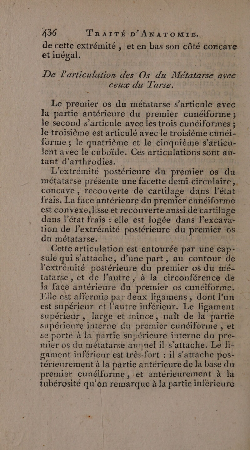 de cette extrémité , et en bas son côté concave et inégal. ; De Particulation des Os du Métatarse avee : ceux du Tarse. sé Le premier os du métatarse s'articule avec la partie antérieure du premier cunéiforme ; le second s'articule avec les trois cunéiformes ; le troisième est articulé avec le troisième cunéi- forme ; le quatrième et le cinquième s’articu- lent avec le cuboïde. Ces articulations sont au- tant d'arthrodies. L’extrémité postérieure du premier os du métatarse présente une facette deimi-circulaire,. concave , recouverte de cartilage dans l’état frais. La face antérieure du premier cunéiforme est convexe, lisse et recouverte aussi de cartilage dans l’état frais : elle est logée dans lexcavya- tion de l’extrémité postérieure du premier os du métatarse. RAM RS Le Cette articulation est entourée par une cap- suie qui s’attache, d’une part, au contour de l'extrémité postérieure du premier os du mé- tatarse , et de l’autre ,; à la circonférence de la face antérieure du p'emnier os cunéiforme. : Elle eât affermie par deux ligamens, dont l’un est supérieur et l’autre inférieur. Le ligament supérieur, large et mince, naît de la partie supérieure interne du premier cunéiforime , et se porte à la partie supérieure interne du pre- mier os du métatarse auauel il s'attache. Le li- gament inférieur est très-fort : 1l s’attache pos- térieurement à Ja partie antérieure de la base du premier cunéiforme, et antérieurement à la tubérosité qu'on remarque à la partie inférieure