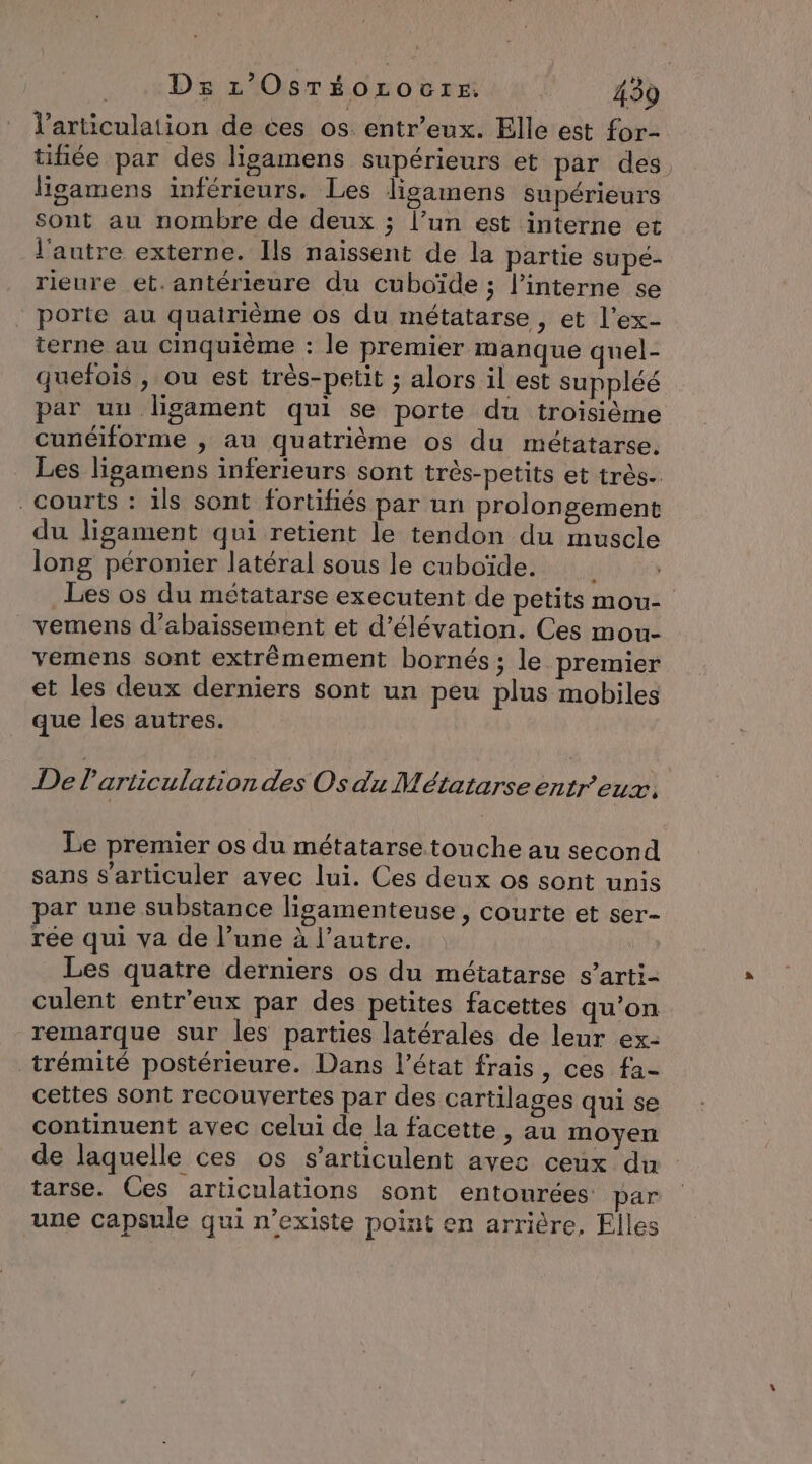 l'articulation de ces os entr’eux. Elle est for- tiée par des ligamens supérieurs et par des lisamens inférieurs. Les ligamens supérieurs sont au nombre de deux ; l’un est interne et l'autre externe. Ils naissent de la partie supé- rieure et. antérieure du cuboïde ; l’interne se porte au quatrième os du métatarse , et l'ex- terne au cinquième : le premier manque quel- quefois , ou est très-petit ; alors il est suppléé par un ligament qui se porte du troisième cunéiforme , au quatrième os du métatarse. Les ligamens inferieurs sont très-petits et très. courts : ils sont fortifiés par un prolongement du ligament qui retient le tendon du muscle long péronier latéral sous le cuboïde. | Les os du métatarse executent de petits mou- vemens d’abaissement et d’élévation. Ces mou- vemens sont extrêmement bornés ; le premier et les deux derniers sont un peu plus mobiles que les autres. De Particulation des Os du Métatarseentr'eux. Le premier os du métatarse touche au second sans s’articuler avec lui. Ces deux os sont unis par une substance lisamenteuse , courte et ser- rée qui va de l’une à l’autre. LE Les quatre derniers os du métatarse s’arti- culent entr'eux par des petites facettes qu’on remarque sur les parties latérales de leur ex- trémité postérieure. Dans l’état frais, ces fa- cettes sont recouvertes par des cartilages qui se continuent avec celui de la facette , au moyen de laquelle ces os s’articulent avec ceux du tarse. Ces articulations sont entourées par une capsule qui n’existe point en arrière, Elles