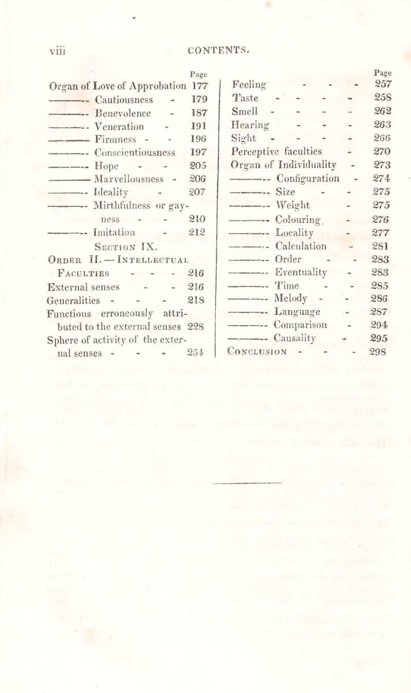 Vlll Page Organ of Love of Approbation 177 -Cautiousness - 179 -Benevolence - 187 -Veneration - 191 -————- Firmness - - 196 -Conscientiousness 197 -Hope - - 205 -Marvellousness - 206 -Ideality - 207 -Mirthfulness or gay¬ ness - - 210 -Imitation - 212 Section IX. Order II. — Intellectual Faculties - 216 External senses - - 216 Generalities - - - 21S Functions erroneously attri¬ buted to the external senses 228 Sphere of activity of the exter¬ nal senses - 254 Page Feeling - - - 257 Taste - 258 Smell ...... 262 Hearing - 263 Sight - 266 Perceptive faculties - 270 Organ of Individuality - 273 ---Configuration - 274 -Size - - 275 -Weight - 275 -Colouring, - 276 -Locality - 277 -Calculation - 2S1 -Order - - 283 -Eventuality - 283 -Time - - 285 -Melody - - 286 -Language - 2S7 -Comparison - 294 -Causality •* 295 Conclusion - 29S