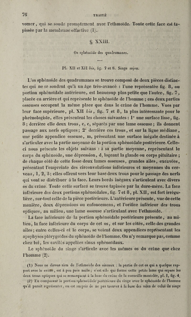 vomer, qui so soude promptement avec l’ethmoïde. Tonte cette face est ta¬ pissée par la membrane olfactive (î). § xxm. Os sphénoïde (les quadrumanes. PI. XII et XJI bis, fig. 7 et 8. Singe sajou. L'os sphénoïde des quadrumanes se trouve composé de deux pièces distinc¬ tes qui ne se soudent qu’à un âge très-avancé : l’une représentée fig. 8, ou portion sphénoïdale antérieure, est beaucoup plus petite que l’autre, fig. 7, placée en arrière et qui représente le sphénoïde de l’homme ; ces deux parties osseuses occupent la meme place que dans le crâne de l’homme. Vues par leur face supérieure, pl. XIÏ Lis, fig. 7 et 8, la plus intéressante pour le phrénologiste, elles présentent les choses suivantes : 1° une surface lisse, fig. 8 ; derrière elle deux trous, c, c, séparés par une lame osseuse ; ils donnent passage aux nerfs optiques ; 2° derrière ces trous, et sur la ligne médiane , une petite appendice osseuse, m, présentant une surface inégale destinée à s’articuler avec la partie moyenne de la portion sphénoïdale postérieure. Celle- ci nous présente les objets suivans : à sa partie moyenne, représentant le corps du sphénoïde, une dépression, d, logeant la glande ou corps pituitaire ; de chaque côté de cette fosse deux lames osseuses, grandes ailes, excavées, présentant l’empreinte des circonvolutions inférieures et moyennes du cer¬ veau, 1, 2, !B; elles offrent vers leur base deux trous pour le passage des nerfs qui vont se distribuer à la face. Leurs bords inégaux s’articulent avec divers os du crâne Toute cette surface se trouve tapissée par la dure-mère. La face inférieure des deux portions sphénoïdales, fig. 7 et 8, pl. XII, est fort irrégu¬ lière , sur-tout celle de la pièce postérieure. L’antérieure présente, vue de cette manière, deux dépressions ou enfoncemens, et l’orifice inférieur des trous optiques, au milieu, une lame osseuse s’articulant avec l’ethmoïde. La face inférieure de la portion sphénoïdale postérieure présente, au mi¬ lieu, la face inférieure du corps de cet os, et sur les côtés, celle des grandes ailes; entre celles-ci et le corps, se voient deux appendices représentant les apophyses ptérygoïdes du sphénoïde de l’homme. On n’y remarque pas, comme chez lui, les cavités appelées sinus sphénoïdaux. Le sphénoïde du singe s’articule avec les mêmes os du crâne que chez l’homme (2). (1) Mous ne dirons rien de l’ethmoïde des oiseaux : la partie de cet os qui a quelque rap¬ port avec le crâne , est à peu près nulle ; c’est elle qui forme celle petite lame qui séparé les deux trous optiques qui se remarquent à la base du crâne de lu corneille mantelée, pl. I, fig. 4# (2) lin comparant la portion sphenoidale postérieure du singe avec le sphénoïde de l’homme qu’il parait représenter, ou est surpris de ne pas trouver à la hase des ailes de celui du singe