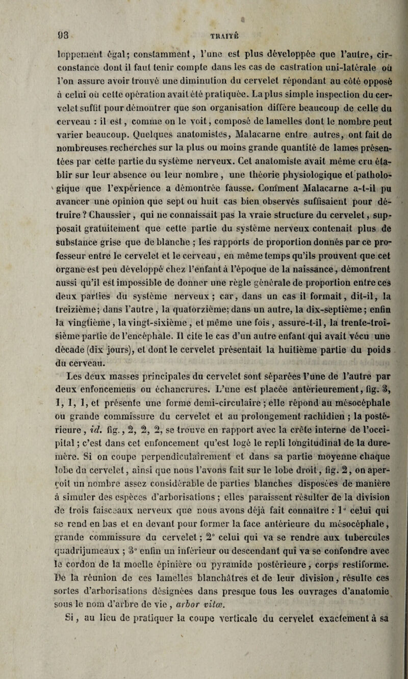 loppement égal; constamment, l’une est plus développée que l’autre, cir¬ constance dont il faut tenir compte dans les cas de castration uni-latérale où l’on assure avoir trouvé une diminution du cervelet répondant au côté opposé à celui où cette opération avait été pratiquée. La plus simple inspection du cer¬ velet suffit pour démontrer que son organisation diffère beaucoup de celle du cerveau : il est, comme on le voit, composé de lamelles dont le nombre peut varier beaucoup. Quelques anatomistes, Malacarne entre autres, ont fait de nombreuses recherches sur la plus ou moins grande quantité de lames présen¬ tées par cette partie du système nerveux. Cet anatomiste avait même cru éta¬ blir sur leur absence ou leur nombre , une théorie physiologique et patholo- ' gique que l’expérience a démontrée fausse. Continent Malacarne a-t-il pu avancer une opinion que sept ou huit cas bien observés suffisaient pour dé¬ truire ? Chaussier, qui ne connaissait pas la vraie structure du cervelet, sup¬ posait gratuitement que cette partie du système nerveux contenait plus de substance grise que de blanche ; les rapports de proportion donnés par ce pro¬ fesseur entre le cervelet et le cerveau, en même temps qu’ils prouvent que cet organe est peu développé chez l’enfant à l’époque de la naissance, démontrent aussi qu’il est impossible de donner une règle générale de proportion entre ces deux parties du système nerveux; car, dans un cas il formait, dit-il, la treizième; dans l’autre, la quatorzième; dans un autre, la dix-septième ; enfin la vingtième, la vingt-sixième , et paême une fois, assure-t-il, la trente-troi¬ sième partie de l’encéphale. Il cite le cas d’un autre enfant qui avait vécu une décade (dix jours), et dont le cervelet présentait la huitième partie du poids du cerveau. Les deux masses principales du cervelet sont séparées l’une de l’autre par deux enfoncemens ou échancrures. L’une est placée antérieurement, fig. 8, 1, 1, 1, et présente une forme demi-circulaire ; elle répond au mésocéphale ou grande commissure du cervelet et au prolongement rachidien ; la posté¬ rieure , id. fig., 2, 2, se trouve en rapport avec la crête interne de l’occi¬ pital ; c’est dans cet enfoncement qu’est logé le repli longitudinal de la dure- mère. Si on coupe perpendiculairement et dans sa partie moyenne chaque lobe du cervelet, ainsi que nous l’avons fait sur le lobe droit, fig. 2, on aper¬ çoit un nombre assez considérable de parties blanches disposées de manière à simuler des espèces d'arborisations ; elles paraissent résulter de la division de trois faisceaux nerveux que nous avons déjà fait connaître : 1° celui qui se rend en bas et en devant pour former la face antérieure du mésocéphale, grande commissure du cervelet ; 2° celui qui va se rendre aux tubercules quadrijumeaux ; 8° enfin un inférieur ou descendant qui va se confondre avec le cordon de la moelle épinière ou pyramide postérieure, corps restiforme. De la réunion de ces lamelles blanchâtres et de leur division, résulte ces sortes d’arborisations désignées dans presque tous les ouvrages d’anatomie sous le nom d’arbre de vie , arbor vitœ. Si, au lieu de pratiquer la coupe verticale du cervelet exactement à sa