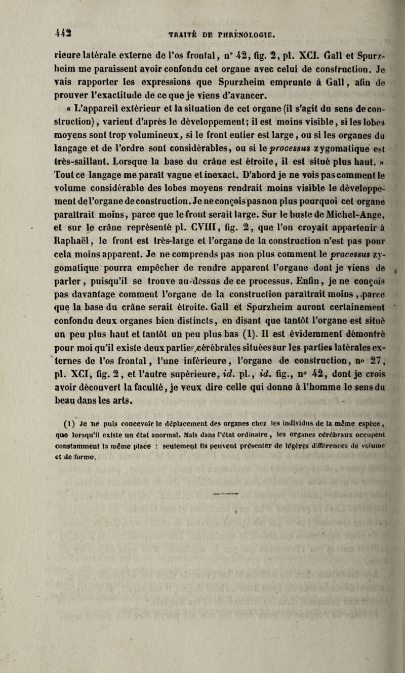 rieurelatérale externe de l’os frontal, n° 42, fig. 2, pl. XCI. Gall el Spurz- heim me paraissent avoir confondu cet organe avec celui de construction. Je vais rapporter les expressions que Spurzheim emprunte à Gall, afin de prouver l’exactitude de ce que je viens d’avancer. « L’appareil extérieur et la situation de cet organe (il s’agit du sens decon¬ struction) , varient d’après le développement; il est moins visible, si les lobes moyens sont trop volumineux, si le front entier est large, ou si les organes du langage et de l’ordre sont considérables, ou si le processus zygomatique est très-saillant. Lorsque la base du crâne est étroite, il est situé plus haut. » Tout ce langage me paraît vague et inexact. D’abord je ne vois pas comment le volume considérable des lobes moyens rendrait moins visible le développe¬ ment de l’organe de construction. Je ne conçois pas non plus pourquoi cet organe paraîtrait moins, parce que le front serait large. Sur le buste de Michel-Ange, et sur le crâne représenté pl. CV1H, fig. 2, que l’on croyait appartenir à Raphaël, le front est très-large el l’organe de la construction n’est pas pour cela moins apparent. Je ne comprends pas non plus comment le processus zy¬ gomatique pourra empêcher de rendre apparent l’organe dont je viens de parler, puisqu’il se trouve au-dessus de ce processus. Enfin, je ne conçois pas davantage comment l’organe de la construction paraîtrait moins , .parce que la base du crâne serait étroite. Gall et Spurzheim auront certainement confondu deux organes bien distincts, en disant que tantôt l’organe est situé un peu plus haut et tantôt un peu plus bas (1). Il est évidemment démontré pour moi qu’il existe deuxpartier,eérèbrales situées sur les parties latérales ex¬ ternes de l’os frontal, l’une inférieure, l’organe de construction, n<> 27, pl. XCI, fig. 2, et l’autre supérieure, re?, pl., id. fig., n° 42, dont je crois avoir découvert la faculté, je veux dire celle qui donne à l’homme le sens du beau dans les arts. (I) Je lie puis concevoir le déplacement des organes chez les individus de la même espèce, que lorsqu’il existe un état anormal. Mais dans l’état ordinaire , les organes cérébraux occupent constamment la même place : seulement ils peuvent présenter de légères différences de volume
