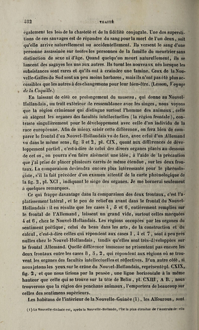 également les lois de la chasteté et de la fidélité conjugale. Une des supersti¬ tions de ces sauvages est de répandre du sang pour la mort de l’un deux, soit qu’elle arrive naturellement ou accidentellement. Us versent le sang d’une personne assassinée sur toutes les personnes de la famille du meurtrier sans distinction de sexe ni d’âge. Quand quelqu’un meurt naturellement, ils se lancent des sagayes les uns aux autres. Ils tuent les nouveaux nés lorsque les subsistances sont rares et qu’ils ont à craindre une famine. Ceux de la Nou¬ velle-Galles du Sud sont un peu moins barbares, mais ils n’ont pas été plus ac¬ cessibles que les autres à des changemens pour leur bien-être. (Lesson, Voyage de la Coquille.) En laissant de côté ce prolongement du museau, qui donne au Nouvel- Hollandais, un trait extérieur de ressemblance avec les singes, nous voyons que la région crânienne qui distingue surtout l’homme des animaux, celle où siègent les organes des facultés intellectuelles (la région frontale), con¬ traste singulièrement pour le développement avec celle d’un individu de la race européenne. Afin de mieux saisir cette différence, on fera bien de com¬ parer le frontal d’un Nouvel-IIollandais vu de face, avec celui d’un Allemand vu dans le même sens, fig. S et 2, pl. CIX, quant aux différences de déve¬ loppement partiel, c’est-à-dire de celui des divers organes placés au-dessous de cet os, on pourra s’en faire aisément une idée, à l’aide de la précaution que j’ai prise de placer plusieurs carrés de même étendue , sur les deux fron¬ taux. La comparaison deviendra encore plus intéressante pour le phrénolo- gisle, s’il la fait précéder d’un examen attentif de la carte phrénologique de la fig. 2, pl. XCI, indiquant le siège des organes. Je me bornerai seulement à quelques remarques. Ce qui frappe davantage dans la comparaison des deux frontaux, c’est l’a¬ platissement latéral, et le peu de relief en avant dans le frontal du Nouvel- Hollandais : il en résulte que les cases 4 , 5 et 6, entièrement remplies sur le frontal de l’Allemand, laissent un grand vide, surtout celles marquées 4 et 6 , chez le Nouvel-Hollandais. Les régions occupées par les organes du sentiment poétique, celui du beau dans les arts, de la construction et du calcul, c’est-à-dire celles qui répondent aux cases 1,4 et 7 , sont à peu près nulles chez le Nouvel-IIollandais , tandis qu’elles sont Irès-dôveloppèes sur le frontal Allemand. Quelle différence immense ne présentent pas encore les deux frontaux entre les cases 8 , 5,2, qui répondent aux régions où se trou¬ vent les organes des facultés intellectuelles et rèflectives. D’un autre côté, si nousjetonsles yeux sur le crànedu Nouvel-Hollandais, représentépl. CXIX, fig. 2, et que nous tirions par la pensée , une ligne horizontale à la même hauteur que celle qui se trouve sur la tête de Belin , pl. CXIII, A B., nous trouverons que la région des penchans animaux, l’emportera de beaucoup sur celles des sentimens supérieurs. Les habilans de l’intérieur de la Nouvelle-Guinée (1), les Alfourous, sont (l ) La Nouvelle-Guinée est, après la Nouvelle-Hollande, l’ile la plus étendue de l’Australasie : elle