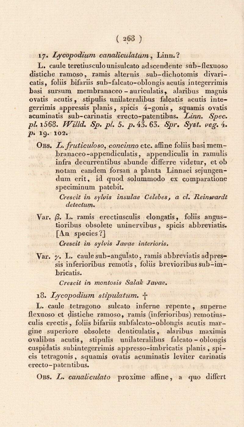 17. Ijycopodium canaliculatum^ Linn.? L. caule teretius culo unisulcato adscendente sub-flexuoso disticbe ramoso, ramis alternis sub-dicbotomis divari- catis, foliis bifariis sub-falcato-oblongis acutis integerrimis basi sursum membranaceo - auriculatis, alaribus magnis ovatis acutis, stipulis unilateralibus falcatis acutis inte- gerrimis appressis planis, spicis 4-gonis, squamis ovalis acuminatis sub-carinatis erecto-patentibus, Linn, Spec. pL i568. WillL Sp. pL 5. p* 45. 65. Spr. Syst, t^eg, 4. p» 19. 102.^ Obs. L, fruticuloso^ concinno etc. affine foliis basi mem- branaceo-appendiculatis, appendiculis in ramulis infra decurrentibus abunde differre videtur, et ob notam eandem forsan a planta Linnaei sejungen- dum erit, id quod solummodo ex comparatione speciminum patebit. Crescit in sylvis insulae CeleheSy a cl. Reinwardt detectum, Var. /?. L. ramis erectiusculis elongatis, foliis angus- tioribus obsolete uninervibus, spicis abbreviatis. [An species?] Crescit in sylvis Javae interioris, Var. y, L. caule sub-angulato, ramis abbreviatis adpres- sis inferioribus remotis, foliis brevioribus sub-im- bricatis. Crescit in montosis Salah Javae^ 18. Lycopodium stipulatum, L. caule tetragono sulcato inferne repente, superne flexuoso et distiche ramoso, ramis (inferioribus) remotius- culis erectis, foliis bifariis subfaicato-oblongis acutis mar- gine superiore obsolete denticulatis, alaribus maximis ovalibus acutis, stipulis unilateralibus falcato - oblongis cuspidatis subintegerrimis appresso-irnbricatis planis , spi- cis tetragonis, squamis ovatis acuminatis leviter caidnatis erecto-patentibus. Obs. L, canaliculato proxime affine, a quo differt