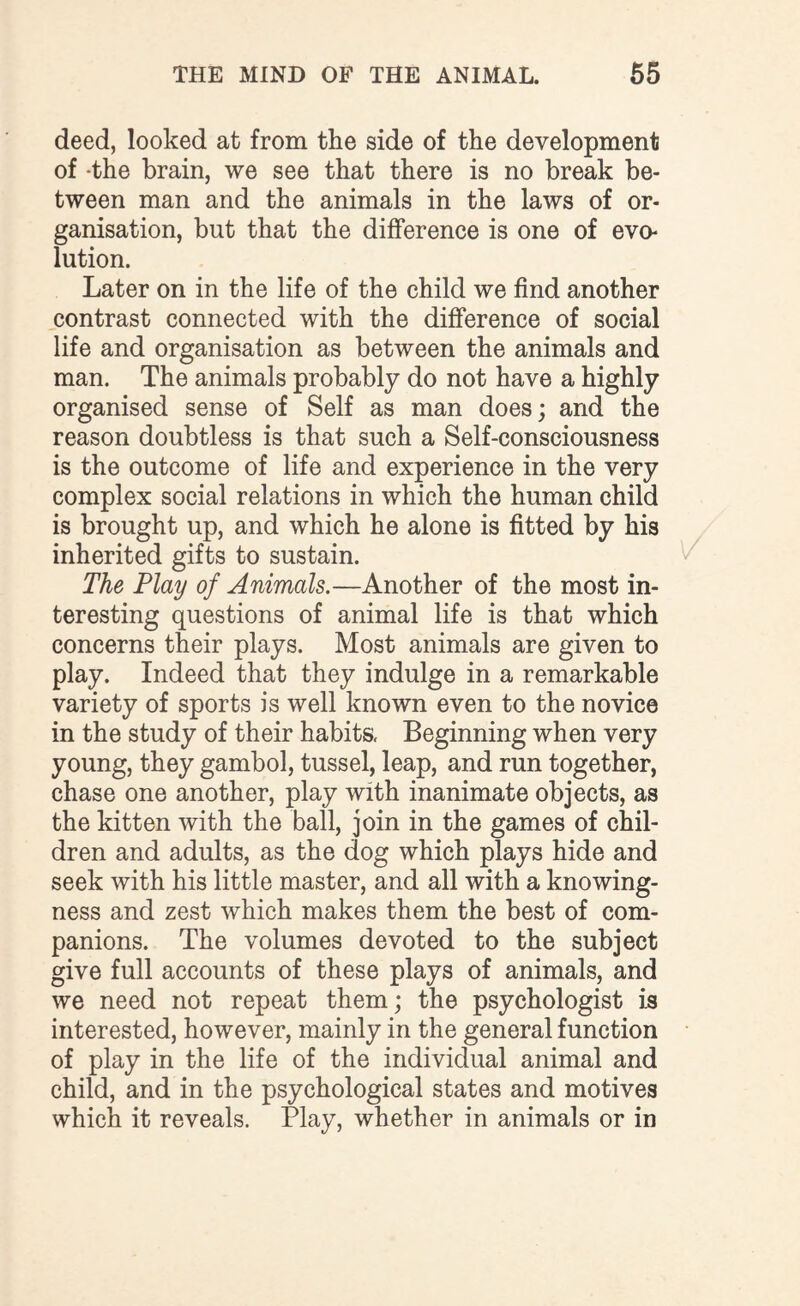 deed, looked at from the side of the development of -the brain, we see that there is no break be¬ tween man and the animals in the laws of or¬ ganisation, but that the difference is one of evo¬ lution. Later on in the life of the child we find another contrast connected with the difference of social life and organisation as between the animals and man. The animals probably do not have a highly organised sense of Self as man does; and the reason doubtless is that such a Self-consciousness is the outcome of life and experience in the very complex social relations in which the human child is brought up, and which he alone is fitted by his inherited gifts to sustain. The Play of Animals.—Another of the most in¬ teresting questions of animal life is that which concerns their plays. Most animals are given to play. Indeed that they indulge in a remarkable variety of sports is well known even to the novice in the study of their habits, Beginning when very young, they gambol, tussel, leap, and run together, chase one another, play with inanimate objects, as the kitten with the ball, join in the games of chil¬ dren and adults, as the dog which plays hide and seek with his little master, and all with a knowing¬ ness and zest which makes them the best of com¬ panions. The volumes devoted to the subject give full accounts of these plays of animals, and we need not repeat them; the psychologist is interested, however, mainly in the general function of play in the life of the individual animal and child, and in the psychological states and motives which it reveals. Play, whether in animals or in