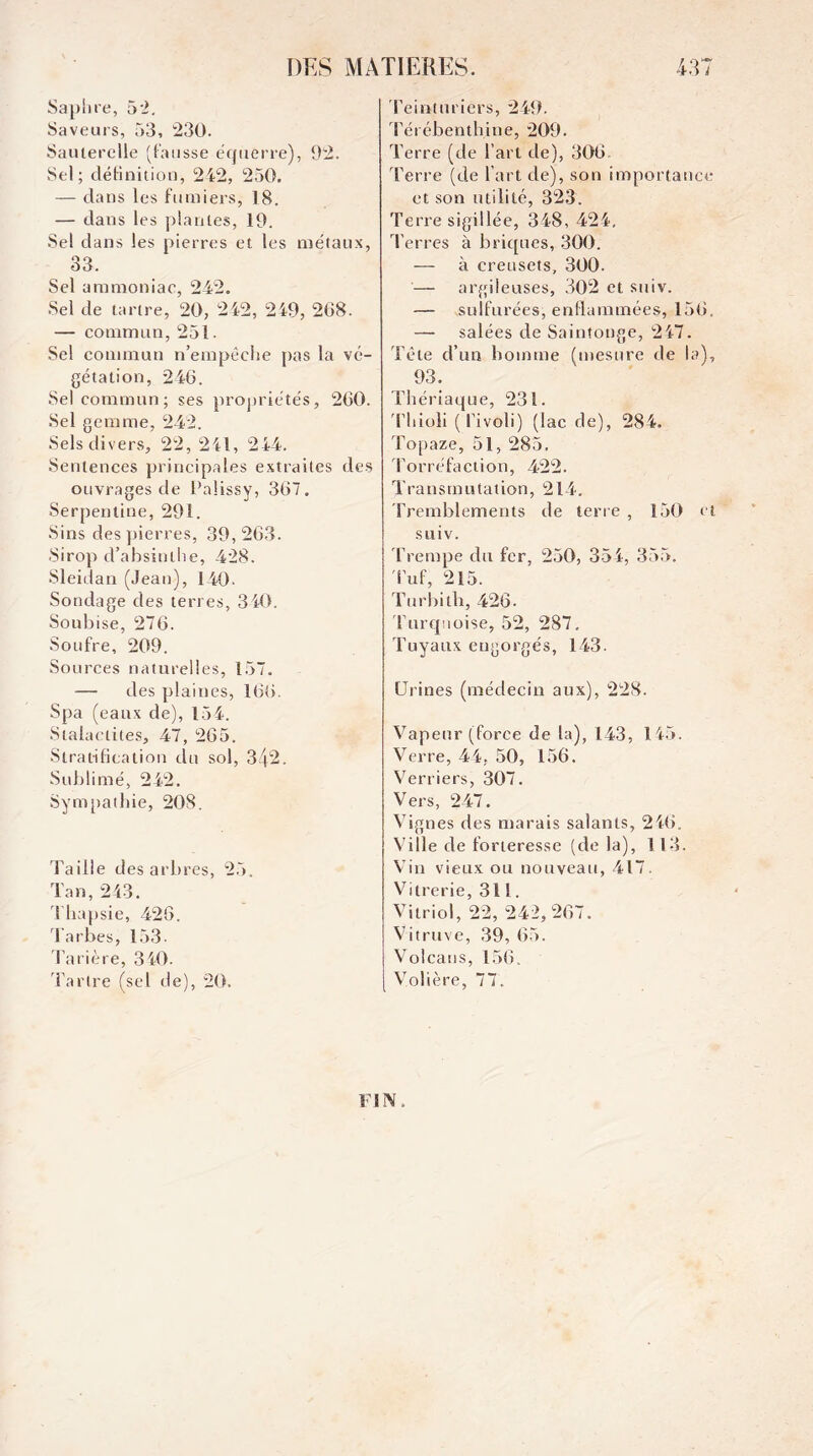 Sapine, 5'2. Saveurs, 53, '23Ü. Sauterelle (latisse equerre), 92. Sel; délinitiou, 242, 250. — dans les fumiers, 18. — dans les ])!antes, 19. Sel dans les pierres et les métaux, 33. Sel ammoniac, 242. Sel de tartre, 20, 242, 249, 2C8. — commun, 251. Sel commun n’empêche pas la vé¬ gétation, 246. Sel commun; ses projjriétés, 260. Sel gemme, 242. Sels divers, 22, 241, 244. Sentences principales extraites des ouvrages de Palissy, 367. Serpentine, 291. Sins des pierres, 39,26.3. Sirop d’absinthe, 428. Sleidan (Jean), 140. Sondage des terres, 340. Soubise, 276. Soufre, 209. Sources naturelies, 157. — des plaines, 166. Spa (eaux de), 15 4. Stalactites, 47, 265. Stratification du sol, 342. Sublimé, 242. Sympathie, 208. Taille des arbres, 25. Tan,243. 3 hapsie, 426. 3'arbes, 153. l’arière, 340. 3'artre (sel de), 20. feinturiers, 249. Térébenthine, 209. 3’erre (de l’art de), 306, 'ferre (de l’art de), son importance; et son utilité, 323. Terre sigillée, 348, 424, 3’erres à briques, 300. — à creusets, 300. — argileuses, 302 et suiv. — sulfurées, enflammées, 156, — salées de Sainîonge, 247. 'fête d’un homme (mesure de la), 93. Thériaque, 231. 'fhioli ( fivoli) (lac de), 284. 'fopaze, 51, 285. 'forréfaction, 422. Transmutation, 214. Tremblements de teri e , 150 cl suiv. 'f rempe du fer, 250, 354, 35.5. 'fuf, 215. 'furliith, 426. 'furqiioise, 52, 287, 'fuyanx engorgés, 143. Urines (médecin aux), 228. Vapeur (force de la), 143, 145. Verre, 44, 50, 156. V’^erriers, 307. Vers, 247. Vignes des marais salants, 246, Ville de forteresse (de la), 113. Vin vieux ou nouveau, 417 Vitrerie, 311. Vitriol, 22, 242,267. Vitruve, 39, 65. Volcans, 156. Volière, 77.