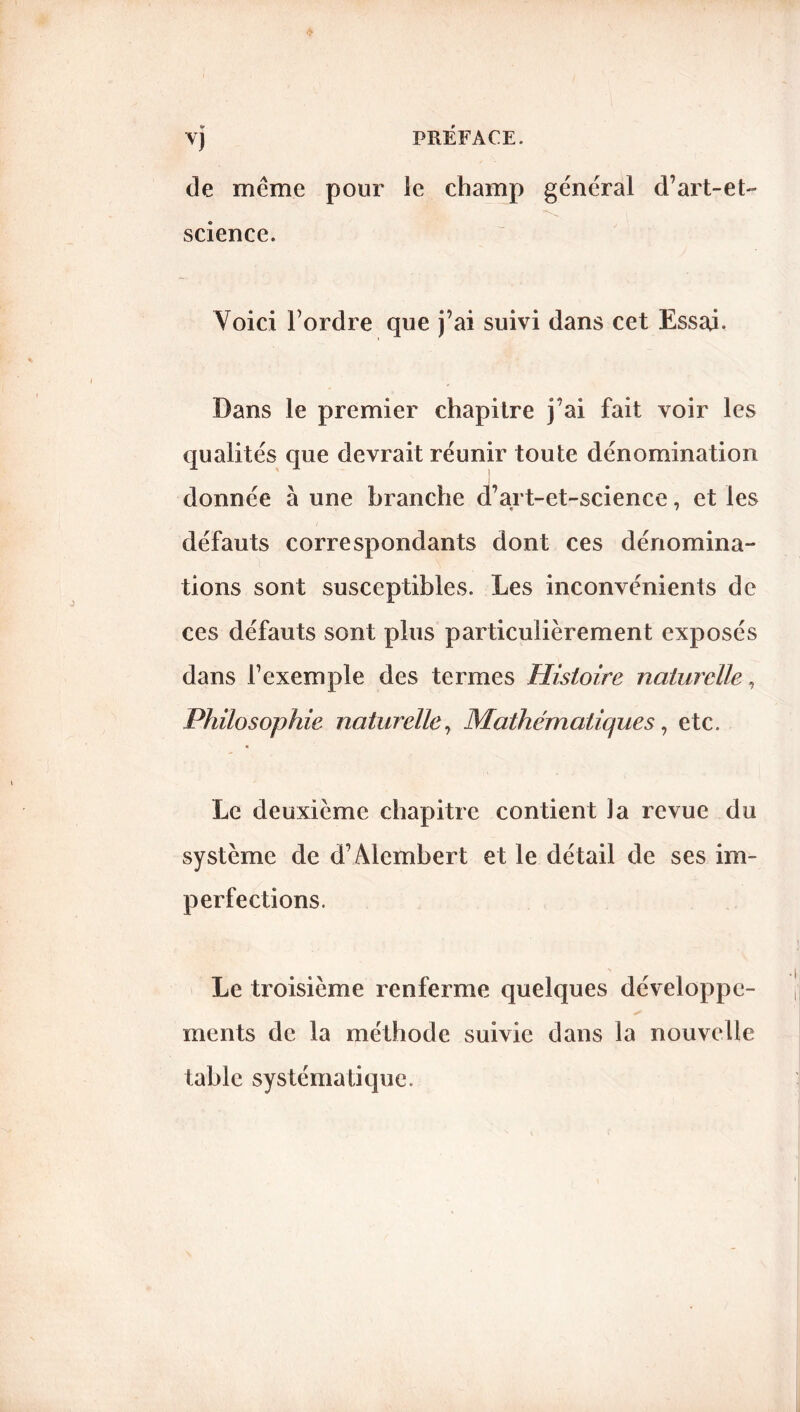 VJ PREFACE. de même pour le champ général d’art-et- science. Voici l’ordre que j’ai suivi dans cet Essai. Dans le premier chapitre j’ai fait voir les qualités que devrait réunir toute dénomination donnée à une branche d’art-et-science, et les défauts correspondants dont ces dénomina- tions sont susceptibles. Les inconvénients de ces défauts sont plus particulièrement exposés dans l’exemple des termes Histoire naturelle, Philosophie naturelle. Mathématiques, etc. Le deuxieme chapitre contient la revue du système de d’Alembert et le détail de ses im- perfections. Le troisième renferme quelques développe- ments de la méthode suivie dans la nouvelle table systématique.