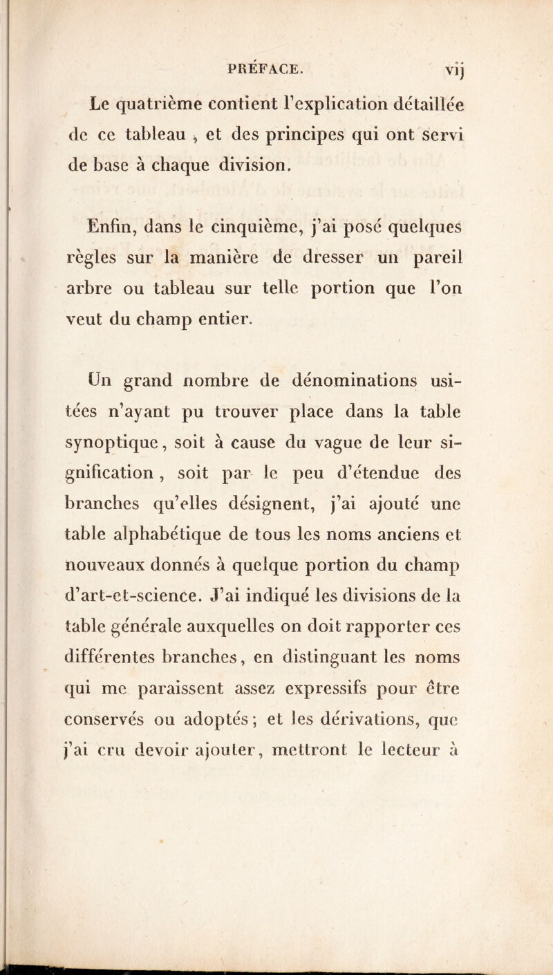 O « V1J Le quatrième contient l’explication détaillée de ce tableau , et des principes qui ont servi de base à chaque division. Enfin, dans le cinquième, j’ai posé quelques règles sur la manière de dresser un pareil arbre ou tableau sur telle portion que l’on veut du champ entier. Un grand nombre de dénominations usi- tées n’ayant pu trouver place dans la table synoptique, soit à cause du vague de leur si- gnification , soit par le peu d’étendue des branches qu’elles désignent, j’ai ajouté une table alphabétique de tous les noms anciens et nouveaux donnés à quelque portion du champ d’art-et-science. J’ai indiqué les divisions de la table générale auxquelles on doit rapporter ces différentes branches, en distinguant les noms qui me paraissent assez expressifs pour être conservés ou adoptés; et les dérivations, que j’ai cru devoir ajouter, mettront le lecteur à