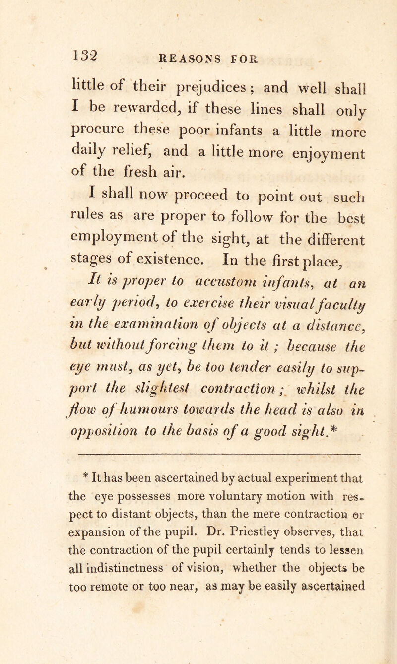 REASONS FOR little of their prejudices ; and well shall I be rewarded, if these lines shall only procure these poor infants a little more daily relief, and a little more enjoyment of the fresh air. I shall now proceed to point out such rules as are proper to follow for the best employment of the sight, at the different stages of existence. In the first place, It is proper to accustom infants, at an early period, to exercise their visual faculty in the examination of objects at a distance, but without forcing them to it ; because the eye must, as yet> be too tender easily to sup- port the slightest contraction; whilst the flow of humours towards the head is also in opposition to the basis of a good sight.* * It has been ascertained by actual experiment that the eye possesses more voluntary motion with res- pect to distant objects, than the mere contraction or expansion of the pupil. Dr. Priestley observes, that the contraction of the pupil certainly tends to lessen all indistinctness of vision, whether the objects be too remote or too near, as may be easily ascertained