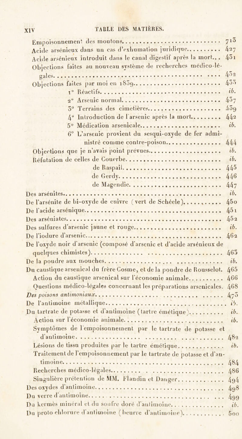 Empoisonnement des moutons. 7^3 Acide arsénieux dans un cas d’exhumation juridique. 427 Acide arsénieux introduit dans le canal digestif après la mort.. . 431 Objections faites au nouveau système de recherches médico-lé¬ gales. 432 Obj ections faites par moi en 1809. 433 i° Réactifs. ib. 2° Arsenic normal. 487 3° Terrains des cimetières. 489 4° Introduction de 1 arsenic après la mort. 442 5° Médication arsenicale. ib. 6° L’arsenic provient du sesqui-oxyde de fer admi¬ nistré comme contre-poison. 444 Objections que je n’avais point prévues. ib. Réfutation de celles de Gouerbe. ib. de Raspail. 443 de Gerdy. 448 de Magendie. 447 Des arsénites. ib. De l’arsénite de bi-oxyde de cuivre (vert de Schéele).,. 43o De l’acide arsénique. 451 Des arséniatcs. 452 Des sulfures d’arsenic jaune et rouge. ib. De l’iodure d’arsenic. 482 De l’oxyde noir d'arsenic (composé d’arsenic et d’acide arsénieux de quelques chimistes). 483 De la poudre aux mouches.„. ib. Du caustique arsenical du frère Cosme, et de la poudre de Rousselot. 485 Action du caustique arsenical sur l’économie animale. 486 Questions médico-légales concernant les préparations arsenicales. 468 Des poisons antimoniaux. 478 De l’antimoine métallique. ib. Du tartrate de potasse et d’antimoine (tartre émétique). ib. Action sur l’économie animale. ib. Symptômes de l'empoisonnement par le tartrate de potasse et d’antimoine. 482 Lésions de tissu produites par le tartre émétique. ib. Traitement de l’empoisonnement par le tartrate de potasse et d’an¬ timoine. 484 Recherches médico-légales. 486 Singulière prétention de MM. Flandin et Danger. 494 Des oxydes d’antimoine. 498 Du verre d’antimoine. . 499 Du kermès minéral et du soufre doré d’antimoine. ib. Du proto-chlorure d'antimoine (beurre d’antimoine). 5oo