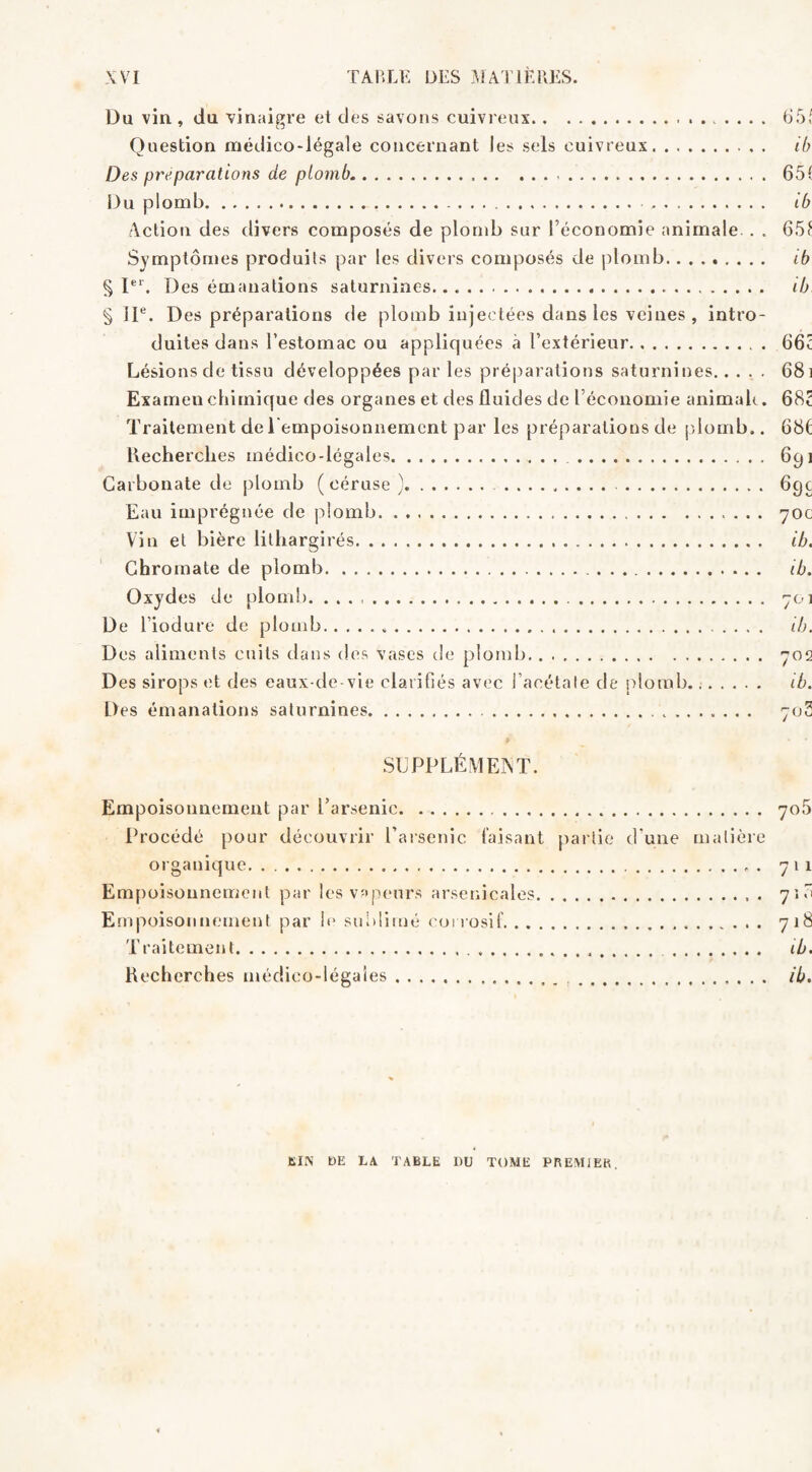 Du vin , du vinaigre ei des savons cuivreux. 65,' Question médico-légale concernant les sels cuivreux. ib Des préparations de plomb. . . . .. 65( Du plomb... . ib Action des divers composés de plomb sur l’économie animale.. . 65É Symptômes produits par les divers composés de plomb. ib § Ier. Des émanations saturnines... ib § 11e. Des préparations de plomb injectées dans les veines , intro¬ duites dans l’estomac ou appliquées à l’extérieur. 661: Lésions de tissu développées par les préparations saturnines. 68i Examen chimique des organes et des fluides de l’économie animait. 682 Traitement de 1 empoisonnement par les préparations de plomb.. 68(: Recherches médico-légales. 691 Carbonate de plomb ( céruse ).. 69c Eau imprégnée de plomb. 70c Vin et bière lithargirés. ib. Chroma te de plomb. ib. Oxydes de plomb. 701 De l’iodure de plomb..... ib. Des aliments cuits dans des vases de plomb. 702 Des sirops et des eaux-de-vie clarifiés avec l’acétate de plomb.. ib. Des émanations saturnines. 703 SUPPLÉMENT. Empoisonnement par l’arsenic. 70,5 Procédé pour découvrir l’arsenic faisant partie d’une matière organique.. . 711 Empoisonnement par les vapeurs arsenicales. 7*5 Empoisonnement par le sublimé corrosif. 718 Traitement. ib. Recherches médico-légales. ib. El N DE LA TABLE DU TOME PREMIER.