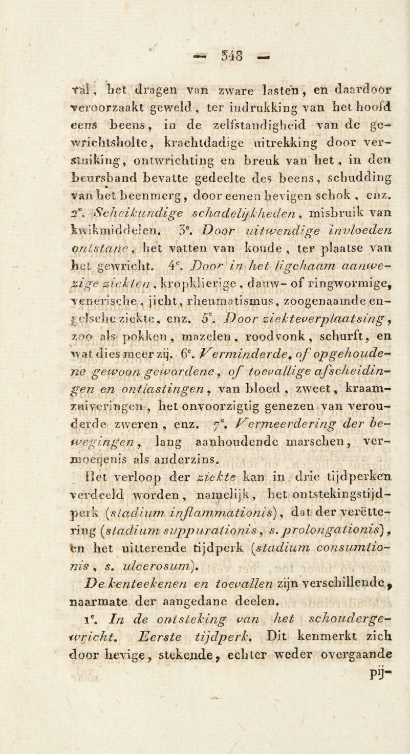 ral, bet dragen van zware lasten, en daardoör veroorzaakt geweld , ter iiiclrukking van het hoofd eens heens, in de zelfstandigheid van de ge- wrichtsholte, krachtdadige uitrekking door ver¬ stuiking, ontwrichting en breuk van het, in den. beursband bevatte gedeelte des beens, schudding van het beenmerg, door eenen bevigen schok , enz. 2® Scheikundige schadelijkheden^ misbruik van kwikmiddelen. 5®. Door uitwendige invloeden ontstane, het vatten van koude , ter plaatse van het gewricht. 4*^. Door in het ligchaam aanwe- s^ige ziekten , kropklierige , dauw- of ringwormige, v enerische , jicht, rlieurnatismus, zoogenaamde en- gelsche ziekte, enz. 5^ Door ziekteoerplaatsing j zoo als pokken, mazelen, roodvonk, schurft, en w at dies meer zig. 6% T^erininderde^ of opgehoude- ne gewoon gewordene, of toevallige afscheidin¬ gen en ontlastingen van bloed, zweet, kraam- zniveringen , het onvoorzigiig genezen van verou¬ derde zweren , enz. 7% ermeerdering der be¬ wegingen ^ lang aanhoudende marschen, ver- ïRoei:|enis als anderzins. liet verloop der ziekte kan in, drie tijdperken verdeeld worden, namelijk, het ontstekingstijd- peik (jsiadium inflainniationis) j dat der verëtte- riiig (^stadium suppuraiionis ^ s. prolongationis) , bn het uitterende tijdperk [stadium consuintio- nis, s, ulcerosum), De kenteekenen en zijn verschillende ^ naarmate der aangedane deeleii. 1®. In de ontsteking van het schouderge¬ wricht, Eerste tijdperk. Dit kenmerkt zich door hevige, steke;Qde ^ echter weder overgaande pij-