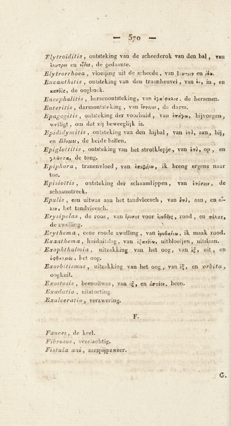 Plytroïditis , ontsteking van de scheederok van den bal, van. ihi/rpov en iVos, de gedaante, / ELytrorrhoea , vioeijing uit de scliecde , van %\vrpcv en piot. Bncanthltis , ontsteking van den traanheuvei, van sk, in , en i»ta»8ü?5 de oogbock. Encephalitis , liersenontsteking, van de hersenen. Eïiteritis darmontsteking, van , de darm. Epagogitis , qntstekiog der voorhuid , van iorxya», bijvoegen, ■\vedigt, om dat zij heweegli]k is. < Epididymitis ^ ontsteking van den bijbal, van st?/, aan, bij, en SiSvfAoti de beide ballen. ■X ■' Epigloititis , ontsteking van bet strotklepje, van ït), op , en de tong. Epiphora y tranenvloed, van iopt^ipaiy ik breng ergens naar toe. Episioïfis y ontsteking der schaamlippen, van y de schaamstreek. Epu lis y een uitwas aan bet tandvleesch , van It), aan, en ou- xsy» het tandvleesch. Erysipelas y de roos, van f'/jas-cs voor , rood, en 7ré\uc, de zwelling. ' Erythema , eene roode zwelling, van IpvQitnu, ik maak rood. Exant/iemay huiduitslag, van s'etvÖ!a, uitbloeijen, uitslaan. Exophthalmia y uitzakking van bet oog, van uit, en » bet oog. Exorbitisorms y uitzakking van het oog, van ï.|, en orhita ^ oogkuil. Exostosis y beenuitwas, van en oTiiov. been. Exudatio , uitstorting Exulceratio , verzwering. F. Eaucesy de keel. Eihrosus, vczeïacbtig. Fisiula aai y aarspijpzwecr.