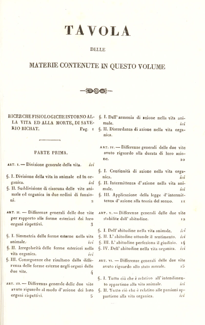 DELLE MATERIE CONTENUTE IN QUESTO VOLUME RICERCHE FISIOLOGICHE INTORNO AL- LA VITA ED ALLA MORTE, DI SAVE- RIO BICHAT. Pag, i PARTE PRIMA» art. i. «— Divisione generale della vita. ivi §• L Divisione della vita in animale ed In or- ganica. ivi §. II. Suddivisione di ciascuna delle vite ani- male ed organica in due ordini dì funzio- ni. 2 art. ii. — Differenze generali delle due vite per rapporto alle forme esteriori dei loro organi rispettivi, 3 §• L Simmetria delle forme esterne nella vita animale. ivi §. IL Irregolarità delle forme esteriori nella vita organica. ivi §. III. Conseguenze che risultano dalla diffe- renza delle forme esterne negli organi delle due vite. art. iii.*~ Differenza generale delle due vite avuto riguardo al modo d’azione dei loro organi rispettivi. 5 §• I* Dell’ armonia di azione nella vita ani- male. ì<ji §. IL Discordanza di azione nella vita orga- nica, art. iv.— Differenze generali delle due vite avuto riguardo alla durata di loro azio- ne. io §. I. Continuità dì azione nella vita orga- nica. ivi §. II. Intermittenza cf azione nella vita ani- male. ivi §. III. Applicazione della legge d’intermit- tenza d’azione alla teoria del sonno. ir art. v. — Differenze generali delle due vite stabilite dall’abitudine. 12 §. I. Dell’abitudine nella vita animale. ivi §. IL L’abitudine ottunde il sentimento, ivi §, III. L’abitudine perfeziona il giudizio, i/j. §. IV. Dell’ abitudine nella vita organica, ivi art. vi. — Differenze generali delle due vite avuto riguardo allo stato morale. i5 §. I. Tutto ciò che è relativo all’intendimen- to appartiene alla vita animale. ivi §. IL Tutto ciò che è relativo alle passioni ap- partiene alla vita organica. ivi