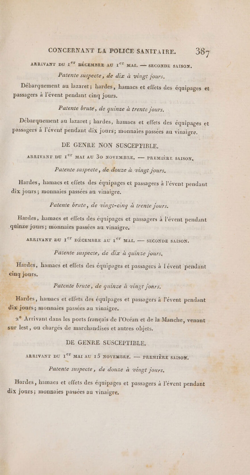 ARRIVANT DU 1°° DÉCEMBRE AU 1°! MAI. — SECONDE SAISON. Patente suspecte, de dix à vingt jours. Débarquement au lazaret; bardes, hamacs et effets des équipages et passagers à l’évent pendant cinq jours. Patente brute, de quinse à trente jours. Débarquement au lazaret ; hardes, hamacs et effets des équipages et passagers à l'évent pendant dix jours; monnaies passées au vinaigre. DE GENRE NON SUSCEPTIBLE. ARRIVANT DU 1° MAI AU 30 NOVEMBRE. — PREMIÈRE SAISON, Patente suspecte, de douze à vingt jours. Hardes, hamacs et effets des équipages et passagers à l'évent pendant dix Jours; monnaies passées au vinaigre. Patente brute, de vingt-cinq à trente jours. Hardes, hamacs et effets des équipages et passagers à l’évent pendant ‘quinze jours; monnaies passées au vinaigre. ARRIVANT DU 1°° DÉCEMBRE AU 1° MAI, — SECONDE SAISON. Patente suspecte, de dix à quinze jours. Hardes, hamacs et effets des équipages et passagers à lévent pendant _ cinq jours. 1 > cr Patente brute, de quinze à vingt jonrs. Hardes, hamacs et effets des équipages et passagers à l’évent pendant _ dix jours; monnaies passées au vinaigre. pi d 2° Arrivant dans les ports français de l'Océan et de la Manche, venant sur lest, ou chargés de marchandises et autres objets. DE GENRE SUSCEPTIBLE. “= ARRIVANT DU 1°° MAI AU 15 NOVEMBRE. — PREMIÈRE SAISON. Patente suspecte, de douze à vingt jours. Hardes, hamacs et effets des équipages et passagers à l’évent pendant dix jours; monnaies passées au vinaigre,