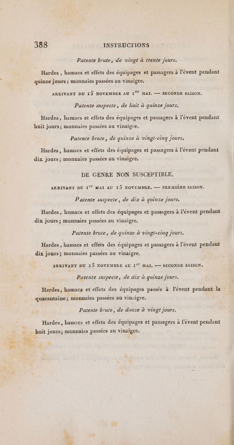éme ARRIVANT DU 15 NOVEMBRE AU 1° MAI. — SECONDE SAISON. . \ ° e * Patente brute, de quinze à vingt-cinq Jours, ARRIVANT DU 1°! MAI AU 15 NOVEMBRE. — PREMIÈRE SAISON. Patente suspecte, de dix à quinze jours. \ Patente brute, de quinze à vingt-cinq jours. « ARRIVANT DU 15 NOVEMBRE AU 1° MAI, — SECONDE SAISON. Patente suspecte, de dix à quinze jours. Hardes, hamacs et effets des équipages passés à l’évent pendant la Patente brute, de douze à vingt jours. Hardes, hamacs et effets des équipages et passagers à l'évent pendant D 0