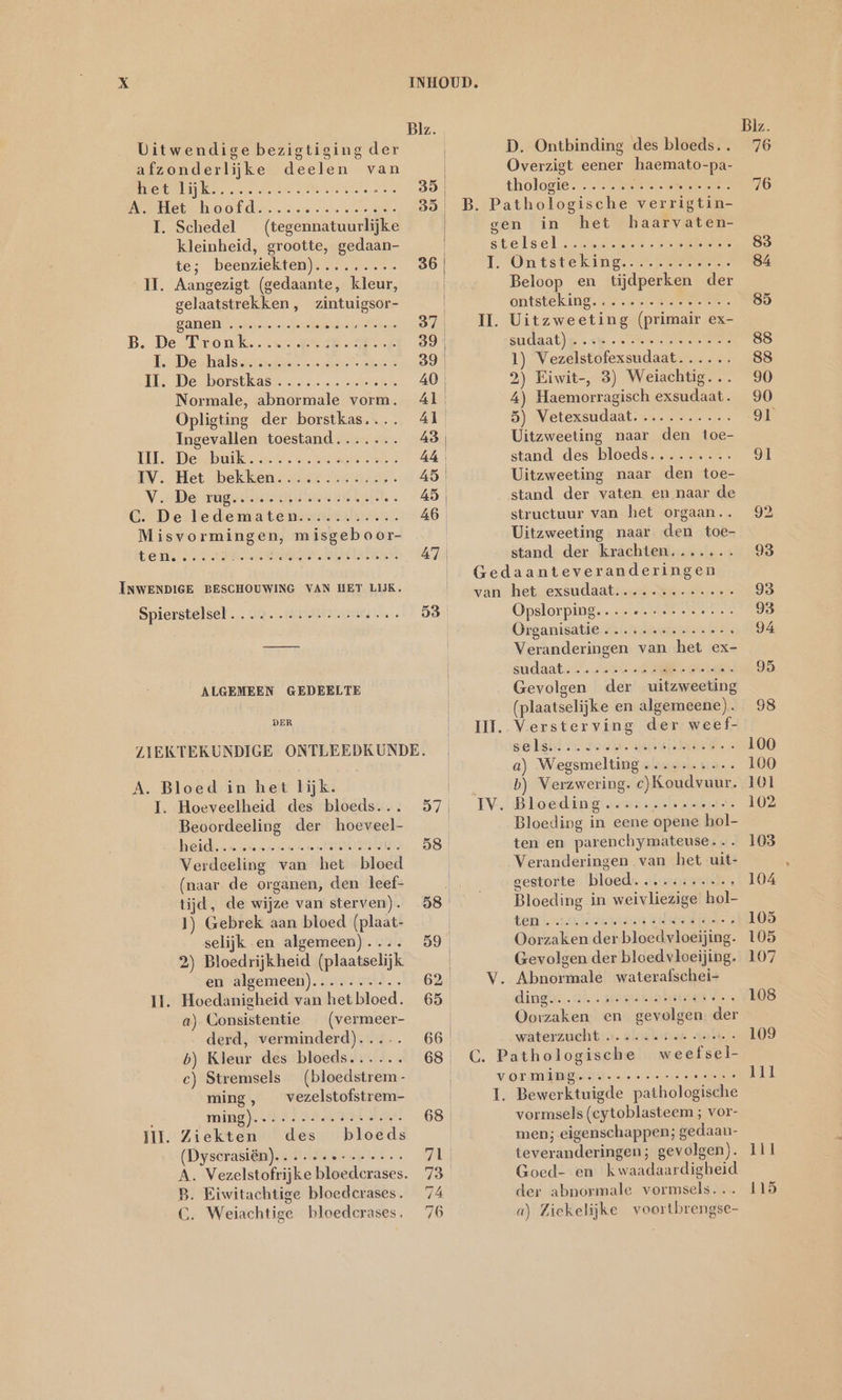 Ditwendige bezigtiging der afzonderlijke deelen van MO NEN a RE Re EO OF del. Soren ot snee I. Schedel _ (tegennatuurlijke kleinheid, grootte, gedaan- te; beenziekten)......... II. Aangezigt (gedaante, kleur, gelaatstrekken, zintuigsor- ganen B. De Tronk. . eg es ee ee se ee. ree ese Normale, abnormale vorm. Opligting der borstkas. . Ingevallen toestand....... TIL Desibulk u a: IV. V.Demugsian ie. GC. De ledematen........... Misvormingen, misgeboor- ten. ee ee e eee 01 ce ee ee ee ee ee e INWENDIGE BESCHOUWING VAN HET LIK. Spierstelsel e ee ee oe ee se ee es ALGEMEEN GEDEELTE DER Blz. | D. Ontbinding des bloeds.. | Overzigt eener haemato-pa- 35, thologien net ee ER 35 | B. Pathologische verrigtin- | gen in het haarvaten- stelsel nmr bollen 36 T. Ontsteking. er. Beloop en tijdperken der | ontsteking. aas EEE 37 MH. Uitzweeting (primair ex- 39: sudaatjg se re 39 | 1) Vezelstofexsudaat...... 40, 2) Eiwit-, 3) Weiachtig... Al 4) Haemorragisch a 41 5) Vetexsndaat ne EE 43 | Uitzweeting naar den toe- Ab stand des bloeds......... 45 Uitzweeting naar den toe- 45 stand der vaten en naar de 46 structuur van het orgaan. | Uitzweeting naar den hoe 47, stand der krachten....... ' Gedaanteveranderingen van. het. exsudaati..2 Sa... 53 Opslorping.....- ern... Organisatie.. Auen | Veranderingen van het ex- dat er A. Bloed in het lijk. I. Hoeveelheid des bloeds... Beoordeeling der hoeveel heidens doe oe ien ve NER Verdeeling van het bloed (naar de organen, den leef- Fb ‚ de wijze van sterven). 1) Gebrek aan bloed (plaat- selijk en algemeen). 2) Bloedrijkheid (plaatselijk en algemeen).......-.. Hoedanigheid van het bloed. a) Consistentie (vermeer- derd, verminderd)... b) Kleur des bloeds...... c) Stremsels (bloedstrem - vezelstofstrem- ming). UHR aM I Ziekten des bloeds (Dyscrasiön)...... : Vezelstofrijke bloedcrases. Eiwitachtige bloedcrases. , Weiachtige bloedcrases. 11. 1. vee ee ce « A: B. C 57 58 68 un, 7 74 76 Gevolgen der uitzweeting (plaatselijke en algemeene). III. Versterving der weef- a) Wegsmelting.......... b) Verzwering. c)Koudvuur. „Bloeding! vsp set Bloeding in eene opene hol- ten en parenchymateuse. . Veranderingen van het ui gestorte Hlaeds. Aka Bloeding in weivliezige hol- ten ae Lee € Oorzaken der bloedvloeijing. Gevolgen der bloedvloeijing. 5 Abnomald waterafschei- ding. et omen Pe Oorzaken en gevolgen der waterzucht C. Pathologische VO am WIR ever een I. Bewerktuigde pathologische vormsels (cytoblasteem ; vor- men; eigenschappen; gedaan- teveranderingen ; gevolgen). Goed- en kwaadaardigheid der abnormale vormsels... a) Ziekelijke voortbrengse- ele wien lies «je eorete © BE Blz. 76 76 100 102 103 104 105 105 107 108 109 115