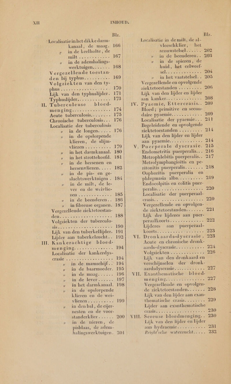 kanaal, de maag. v in.de keelholte, de milt „ in de ademhalings- werktuigen....... Vergezellende toestan- den bij typhus Volgziekten van den ty- phus Lijk van den typhuslijder. Typhuslijder...........-. Tuberculeuse menging Acute tuberculosis......-.» Chronische tuberculosis... Localisatie der tuberculosis „ in de longen..... „ in de opslorpende klieren, de slijm- vliezen „ in het darmkanaal. . in het strottehoofd. „ in de hersenen en hersenvliezen... „ in de pis- en ge- slachtswerktuigen . „ in de milt, de le- ver en de weivlie- Zen NL NN; „ in de beenderen.. „ in fibreuse organen. Vergezellende ziektetoestan- den Por vr ve yo SR Br ur JE) rl IE: else teren: lensen be fe tert war nee inte: sei ede 40 siste 4 sle leriu ne. eter. (ere iere telere ie ee sis Lijk van den tuberkellijder. Lijder aan tuberkelzucht... Kankerachtige bloed- Btartel ler eten a el en lelin Tete fetie veerle Sie 1e menging... Localisatie der kankerdys- ET re or SER „ in. de mamschijf.. „ in de baarmoeder. „ in de, maag: >... „annde- levernighrn _/ In het darmkanaal. „ in de opslorpende klieren en de wei- vlezen seen Gole ted „ in den bal, de eijer- nesten en de voor- standerklier....... „ in de nieren, de pisblaas, de adem- halingswerktuigen. Blz. Biz. | Localisatie in de milt, de al- 166 …_ vleeschklier, « het zenuwstelsel... 202 167 | „ iu de beenderen... 203 » in de spieren, de 168 huid, het celweef- sela Eme. 204 169 „in het vaatstelsel. . 205 Vergezellende en opvolgende 170 ziektetoestanden .......:. 206 171 Lijk van den lijder en lijder 173 aan kamer: inns sa HNE E 208 IV. Pyaemie, Ettercrasis.. 209 174 Bloed; primitive en secun- 175 daire.pyaemie.........*.. 209 176 Localisatie der pyaemie... 211 Begeleidende en opvolgende 176 ziektetoestanden ........- 214 Lijk van den lijder en lijder aan. pyaemie......rrer.+- 214 179 V, Puerperale dyscrasie. 215 180 Endometritis puerperalis... 216 181 Metrophlebitis puerperalis.. 217 Metrolymphangioitis en pe- 182 | ritonitis puerperalis....... 218 Oophoritis puerperalis en 184 phlegmasia alba.........- 219 Endocolpitis en colitis puer- peralis...... EN ERR 220 185 Localisatie der puerperaal- 186 TEN RA A ERR E20 187 Vergezellende en opvolgen- - de ziektetoestanden....... 221 188 Lijk der lijderes aan puer- peraalkoorts....-.....…. 222 190 Lijderes aan puerperaal- 191 Toorts EDER ee 223 192 VI. Dronkaards-dyscrasie . 223 Acute en chronische dronk- 194 aards-dyscrasie. ........«. 224 Volgziekten ............. 226 194 Lijk van den dronkaard en 194 verschijnselen der dronk- 195 aardsdyscrasie. ........... 227 196 | VII. Exanthematische bloed- 197 menging...... INTER en 227 198 Vergezellende en opvolgen- de ziektetoestanden....... 228 Lijk van den lijder aan exan- 198 thematische crasis.....--- 229 Lijder aan exanthematische | CHASISE ee IR eee 230 200 | VII. Sereuse bloedmenging.. 230 | Lijk van den lijder en lijder aan hydraemie..........- 231 201 | Bright’sche waterzucht..... 232