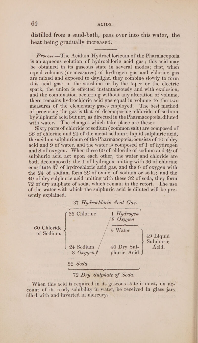 distilled from a sand-bath, pass over into this water, the heat being gradually increased. Process. —The Acidum Hydrochloricum of the Pharmacopeia is an aqueous solution of hydrochloric acid gas; this acid may be obtained in its gaseous state in several modes; first, when equal volumes (or measures) of hydrogen gas and chlorine gas are mixed and exposed to daylight, they combine slowly to form this acid gas; in the sunshine or by the taper or the electric spark, the union is effected instantaneously and with explosion, and the combination occurring without any alteration of volume, there remains hydrochloric acid gas equal in volume to the two measures of the elementary gases employed. The best method of procuring the gas is that of decomposing chloride of sodium by sulphuric acid but not, as directed in the Pharmacopceia, diluted with water. The changes which take place are these: Sixty parts of chloride of sodium (common salt) are composed of 36 of chlorine and 24 of the metal sodium ; liquid sulphuric acid, the acidum sulphuricum of the Pharmacopeeia, consists of 40 of dry acid and 9 of water, and the water is composed of 1 of hydrogen and 8 of oxygen. When these 60 of chloride of sodium and 49 of sulphuric acid act upon each other, the water and chloride are both decomposed; the 1 of hydrogen uniting with 36 of chlorine constitute 37 of hydrochloric acid gas, and the 8 of oxygen with the 24 of sodium form 32 of oxide of sodium or soda; and the 40 of dry sulphuric acid uniting with these 32 of soda, they form 72 of dry sulphate of soda, which remain in the retort. The use of the water with which the sulphuric acid is diluted will be pre- sently explained. 37 Hydrochloric Acid Gas. a ee ae ea, | ( 36 Chlorine 1 Hydrogen 8 Oxygen 60 Chloride ine of Sodium. 49 Liquid Sulphuric | 24 Sodium 40 Dry Sul- Acid. 8 Oxygen phuric Acid 32 Soda — ~_—- — 72 Dry Sulphate of Soda. When this acid is required in its gaseous state it must, on ac- count of its ready solubility in water, be received in glass jars filled with and inverted in mercury. ae aia ale Senco at i Se