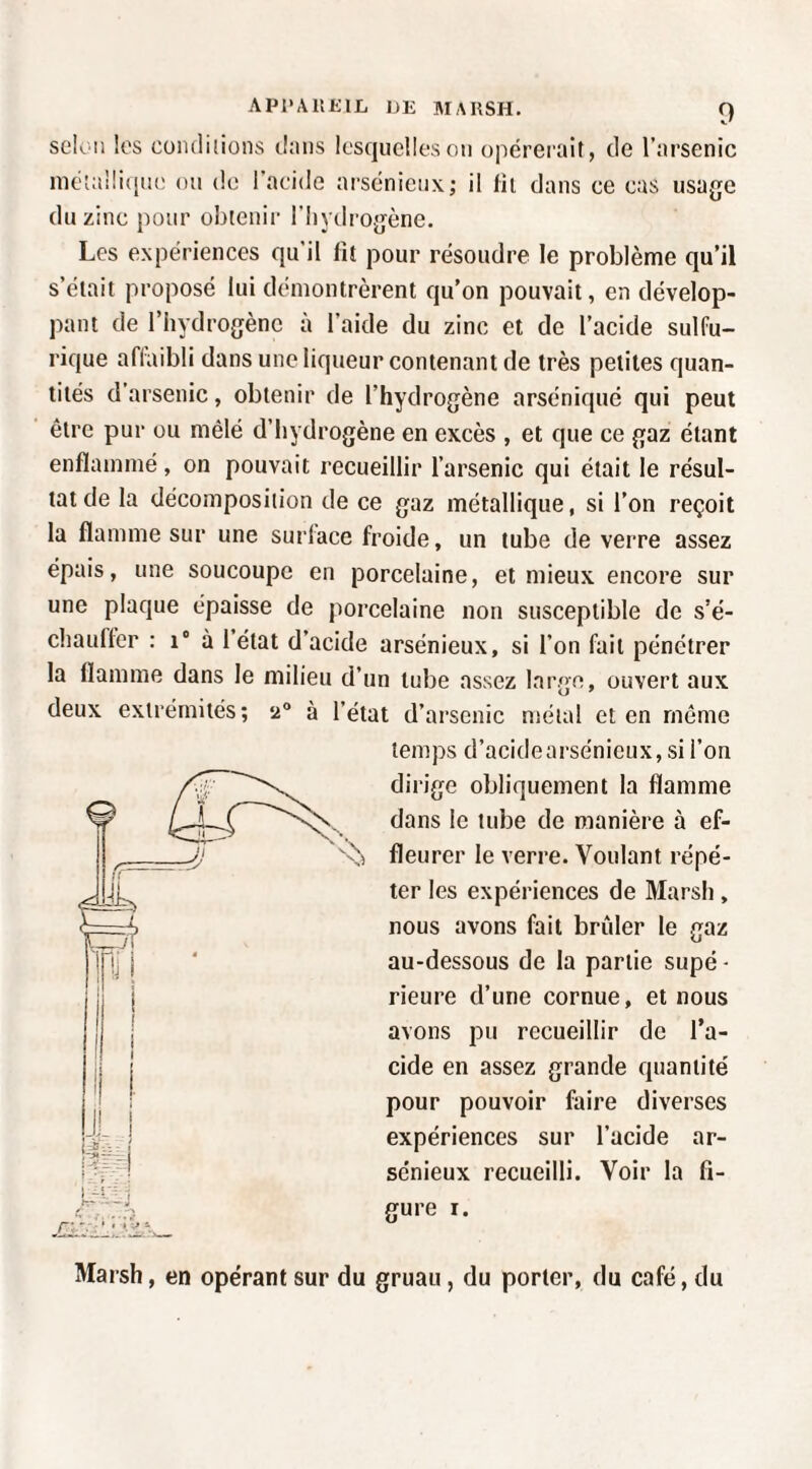 APl'AKKlIi DE MARSH. ^ selon !os cüiuliiioiis dnns lesquelles on opérerait, rie l’arsenic niétaüiqiii' on de l’aeide arsénieux; il lit dans ce cas usage du zinc pour obtenir l’hydrogène. Les expériences qu’il fit pour résoudre le problème qu’il s’éiait proposé lui démontrèrent qu’on pouvait, en dévelop¬ pant de l’hydrogène à l’aide du zinc et de l’acide sulfu¬ rique affaibli dans une liqueur contenant de très petites quan¬ tités d’arsenic, obtenir de l’hydrogène arséniquc qui peut être pur ou mêlé d’hydrogène en excès , et que ce gaz étant enflammé, on pouvait recueillir l’arsenic qui était le résul¬ tat de la décomposition de ce gaz métallique, si l’on reçoit la flamme sur une surface froide, un tube de verre assez épais, une soucoupe en porcelaine, et mieux encore sur une plaque épaisse de porcelaine non susceptible de s’é¬ chauffer : 1° à 1 état d’acide arsénieux, si l’on fait pénétrer la flamme dans le milieu d’un tube assez large, ouvert aux deux extrémités; 2“ à l’état d’arsenic métal et en même temps d’acide arsénieux, si l’on dirige obliquement la flamme dans le tube de manière à ef¬ fleurer le verre. Voulant répé¬ ter les expériences de Marsh, nous avons fait brûler le gaz au-dessous de la partie supé - rieure d’une cornue, et nous avons pu recueillir de l’a¬ cide en assez grande quantité pour pouvoir faire diverses expériences sur l’acide ar¬ sénieux recueilli. Voir la fi¬ gure I. Marsh, en opérant sur du gruau, du porter, du café, du