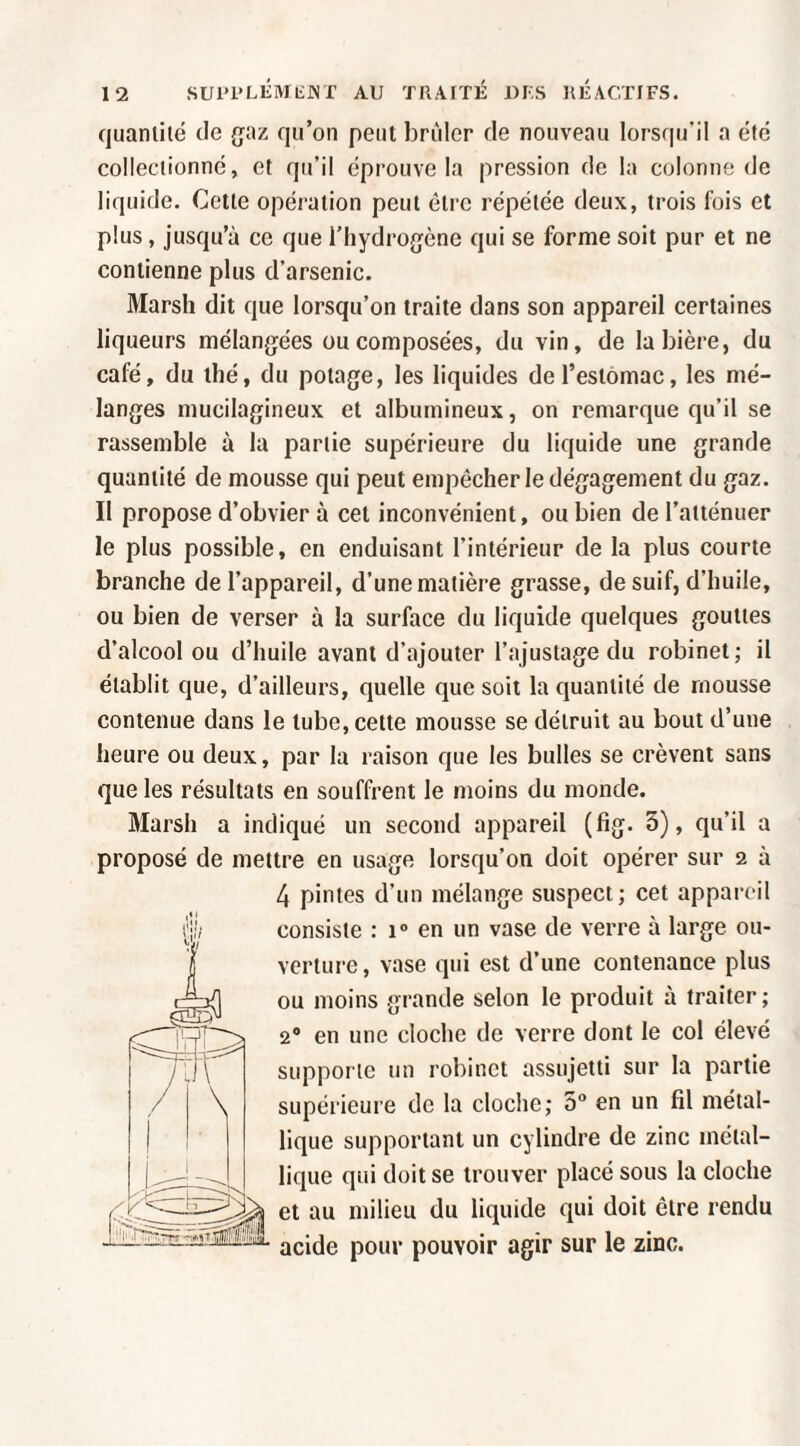 quanlilé de {jaz qu’on peut brûler de nouveau lorsqu’il a été collectionné, et qu’il éprouve la pression de la colonne de liquide. Cette opération peut être répétée deux, trois fois et plus, jusqu’à ce que l’hydrogène qui se forme soit pur et ne contienne plus d’arsenic. Marsh dit que lorsqu’on traite dans son appareil certaines liqueurs mélangées ou composées, du vin, de la bière, du café, du thé, du potage, les liquides de l’estomac, les mé¬ langes mucilagineux et albumineux, on remarque qu’il se rassemble à la partie supérieure du liquide une grande quantité de mousse qui peut empêcher le dégagement du gaz. Il propose d’obvier à cet inconvénient, ou bien de l’atténuer le plus possible, en enduisant l’intérieur de la plus courte branche de l’appareil, d’une matière grasse, de suif, d’huile, ou bien de verser à la surface du liquide quelques gouttes d’alcool ou d’huile avant d’ajouter l’ajustage du robinet; il établit que, d’ailleurs, quelle que soit la quantité de mousse contenue dans le tube, cette mousse se détruit au bout d’une heure ou deux, par la raison que les bulles se crèvent sans que les résultats en souffrent le moins du monde. Marsh a indiqué un second appareil (fig. 5), qu’il a proposé de mettre en usage lorsqu’on doit opérer sur 2 à 4 pintes d’un mélange suspect; cet appareil consiste : 1® en un vase de verre à large ou¬ verture , vase qui est d’une contenance plus ou moins grande selon le produit à traiter; 2® en une cloche de verre dont le col élevé supporte un robinet assujetti sur la partie supérieure de la cloche; 5° en un fil métal¬ lique supportant un cylindre de zinc métal¬ lique qui doit se trouver placé sous la cloche et au milieu du liquide qui doit être rendu acide pour pouvoir agir sur le zinc.