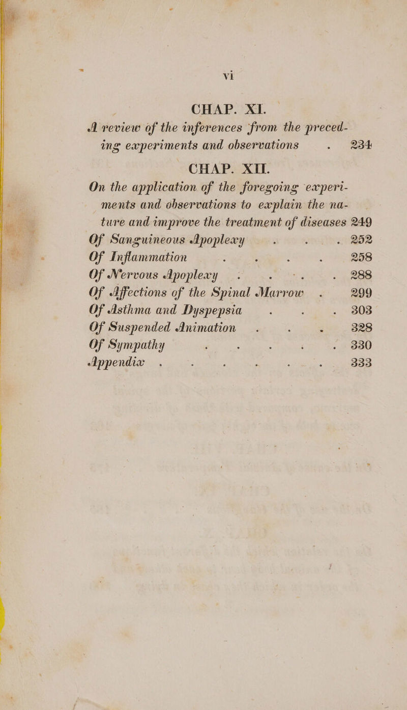 CHAP. XI. A review of the inferences ‘from the preced- ing experiments and observations . . 234 CHAP. XII. On the application of the foregoing experi- ments and chservations to explain the na- ture and improve the treatment of diseases 249  Of Sanguineous Apoplexy ; ete QI2 Of Inflammation ome. . “Es Of Nervous Apoplexy . . 288 Of Affections of the Spinal Maes 299 Of Asthma and Dyspepsia : . 3803 Of Suspended Animation. : 328 Of Sympathy : . 330 ; Appendix . “iliges See