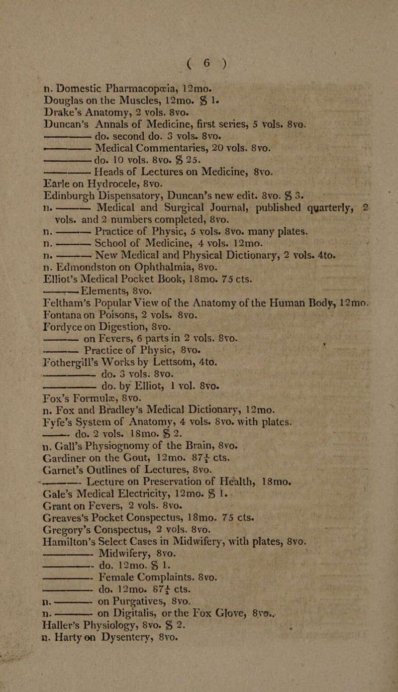 ae) n. Domestic Pharmacopeia, 12mo. Douglas on the Muscles, 12mo. $ 1. Drake’s Anatomy, 2 vols. 8vo. Duncan’s Annals of Medicine, first series, 5 Mia 8vo. do. second do. 3 vols. 8vo. Medical Commentaries, 20 vols. 8vo. do. 10 vols. 8vo. &amp; 25. Heads of Lectures on Medicine, 8vo. Earle on Hydrocele, 8vo. Edinburgh Dispensatory, Duncan’s new edit. 8vo. $ 3. ne — Medical and Surgical Journal, published quarterly, 2 vols. and 2 numbers completed, 8vo. — Practice of Physic, 5 vols. 8vo. many plates. n. School of Medicine, 4 vols. 12mo. n. — New Medical and Physical Dictionary, 2 vols. Ato. n. Edmondston on Ophthalmia, 8vo. Elliot’s Medical Pocket Book, 18mo. 75 cts. — Elements, 8vo. Feltham’s Popular View of the Anatomy of the Human Body 12mo. Fontana on Poisons, 2 vols. 8vo. Fordyce on Digestion, Svo. — on Fevers, 6 parts in 2 vols. 8vo. — Practice of Physic, 8vo. Fothergill’s Works by Lettsom, 4to. do. 3 vols. 8vo. do. by Elliot, 1 vol. 8vo. Fox’s Formule, 8vo. n. Fox and Bradley’s Medical Dictionary, 12mo. Fyfe’s System of Anatomy, 4 vols. 8vo. with plates. - do. 2 vols. 18mo. $ 2. n. Gall’s Physiognomy of the Brain, 8vo. Gardiner on the Gout, 12mo. 87 cts. Garnet’s Outlines of Lectures, 8vo. 4 —- Lecture on Preservation of Health, 18mo. Gale’s Medical Electricity, 12mo. $ 1.- Grant on Fevers, 2 vols. 8vo. Greaves’s Pocket Conspectus, 18mo. 75 cts. Gregory’s Conspectus, 2 vols. 8vo. j | Hamilton’s Select Cases in Midwifery, with plates, 8y0. - Midwifery, 8vo. - do; 12mo0..Hi 1. —_—_——- Female Complaints. 8vo. - do. 12mo. 872 cts.   ees,  eet cereen     Nn.                 n. ————- on Purgatives, 8vo. n. - on Digitalis, or the Fox Glove, 8yve., Haller’s Physiology, 8vo. $ 2. : n. Harty en Dysentery, 8vo.