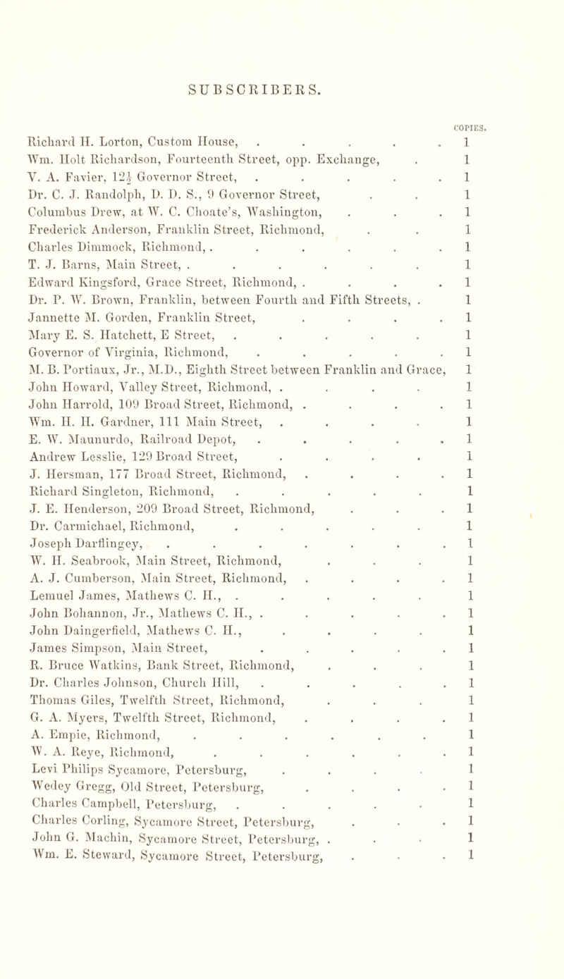 COPIES. 1 1 1 1 1 1 1 1 1 1 1 1 1 1 1 1 1 1 1 1 1 1 1 ן 1 1 1 1 1 1 1 1 1 1 1 1 1 1 1 1 1 1 Richard H. Lorton, Custom House, ..... Wm. Holt Richardson, Fourteenth Street, opp. Exchange, V. A. Favier, 12£ Governor Street, ..... Dr. C. J. Randolph, D. D. S., 9 Governor Street, Columbus Drew, at W. C. Choate’s, Washington, Frederick Anderson, Franklin Street, Richmond, Charles Dimmock, Richmond,...... T. J. Barns, Main Street, ...... Edward Kingsford, Grace Street, Richmond, .... Dr. P. W. Brown, Franklin, between Fourth and Fifth Streets, . Jannette M. Gorden, Franklin Street, .... Mary E. S. Hatchett, E Street, ..... Governor of Virginia, Richmond, ..... M. B. Portiaux, Jr., M.D., Eighth Street between Franklin and Grace, John Howard, Valley Street, Richmond, . John Harrold, 109 Broad Street, Richmond, . Wm. II. II. Gardner, 111 Main Street, E. W. Maunurdo, Railroad Depot, Andrew Lesslie, 129 Broad Street, J. Hersman, 177 Broad Street, Richmond, Richard Singleton, Richmond, J. E. Henderson, 209 Broad Street, Richmond, Dr. Carmichael, Richmond, Joseph Darflingey, .... W. H. Seabrook, Main Street, Richmond, A. J. Cumberson, Main Street, Richmond, Lemuel James, Mathews C. II., . John Bohannon, Jr., Mathews C. II., . John Daingerficld, Mathews C. II., James Simpson, Main Street, R. Bruce Watkins, Bank Street, Richmond, Dr. Charles Johnson, Church Ilill, Thomas Giles, Twelfth Street, Richmond, G. A. Myers, Twelfth Street, Richmond, A. Empie, Richmond, W. A. Reye, Richmond, Levi Philips Sycamore, Petersburg, Wedey Gregg, Old Street, Petersburg, Charles Campbell, Petersburg, Charles Corling, Sycamore Street, Petersburg, John G. Machin, Sycamore Street, Petersburg, Wm. E. Steward, Sycamore Street, Petersburg