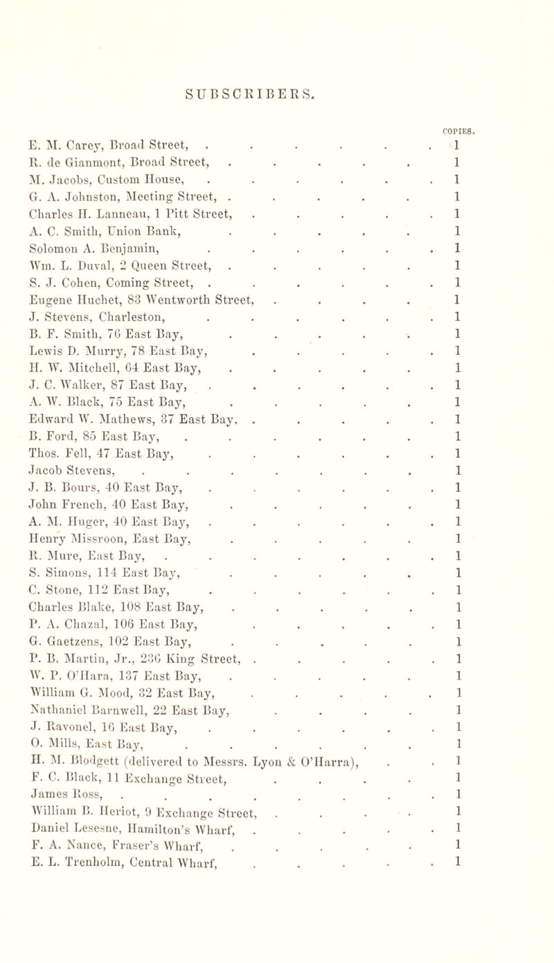 E. M. Carey, Broad Street, R. de Gianmont, Broad Street, M. Jacobs, Custom House, G. A. Jolmston, Meeting Street, . Charles II. Lanneau, 1 Pitt Street, A. C. Smith, Union Bank, Solomon A. Benjamin, Win. L. Duval, 2 Queen Street, S. J. Cohen, Coming Street, . Eugene Iluchet, 83 Wentworth Street, J. Stevens, Charleston, B. F. Smith, 7G East Bay, Lewis D. Murry, 78 East Bay, II. W. Mitchell, G4 East Bay, J. C. Walker, 87 East Bay, A. W. Black, 75 East Bay, Edward W. Mathews, 37 East Bay. . B. Ford, 85 East Bay, Thos. Fell, 47 East Bay, Jacob Stevens, J. B. Bours, 40 East Bay, .... John French, 40 East Bay, A. M. Huger, 40 East Bay, .... Henry Missroon, East Bay, It. Mure, East Bay, ..... S. Simons, 114 East Bay, C. Stone, 112 East Bay, .... Charles Blake, 108 East Bay, I’. A. Chazal, 106 East Bay, G. Gaetzens, 102 East Bay, I’. B. Martin, J123 ,.־G King Street, . W. P. O’Hara, 137 East Bay, William G. Mood, 32 East Bay, Nathaniel Barnwell, 22 East Bay, J. Ravonel, 10 East Bay, .... 0. Mills, East Bay, .... II. M. Blodgett (delivered to Messrs. Lyon & O’Harra), F. C. Black, 11 Exchange Street, James Ross, ...... William II. Ileriot, 0 Exchange Street, Daniel Lesesne, Hamilton’s Wharf, . F. A. Nance, Fraser’s Wharf, E. L. Trenholm, Central Wharf,