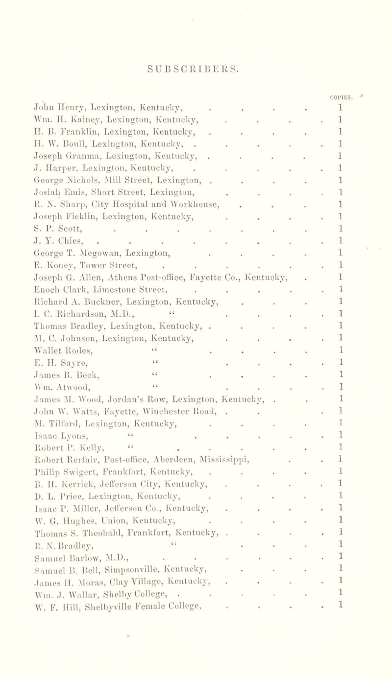 COPIES. ' 1 1 1 1 1 1 1 1 1 1 1 1 1 1 1 1 1 1 1 1 1 1 1 1 1 1 ו 1 1 1 1 1 1 1 1 1 1 1 1 1 1 1 John Henry, Lexington, Kentucky, Wm. II. Kainey, Lexington, Kentucky, II. B. Franklin, Lexington, Kentucky, II. W. Boull, Lexington, Kentucky, Joseph Granma, Lexington, Kentucky, J. Harper, Lexington, Kentucky, George Nichols, Mill Street, Lexington, . Josiah Emis, Short Street, Lexington, R. N. Sharp, City Hospital and Workhouse, Joseph Ficklin, Lexington, Kentucky, S. I*. Scott, ...... J. Y. Okies, ...... George T. Megowan, Lexington, E. Koney, Tower Street, .... Joseph G. Allen, Athens Post-office, Fayette Co., Kentucky, Enoch Clark, Limestone Street, Richard A. Buckner, Lexington, Kentucky, I. C. Richardson, M.D., “ Thomas Bradley, Lexington, Kentucky, . M. C. Johnson, Lexington, Kentucky, Wallet Rodes, “ ... E. H. Sayre, “ James B. Beck, “ Wm. Atwood, “ James M. Wood, Jordan’s Row, Lexington, Kentucky, John W. Watts, Fayette, Winchester Road, . 3M. Tilford, Lexington, Kentucky, Isaac Lyons, “ ... Robert P. Kelly, ״ ... Robert Rcrfair, Post-office, Aberdeen, Mississippi, Philip Swigert, Frankfort, Kentucky, B. 11. lverrick, Jefferson City, Kentucky, 1). L. Price, Lexington, Kentucky, Isaac P. Miller, Jefferson Co., Kentucky, W. G. Hughes, Union, Kentucky, Thomas S. Theobald, Frankfort, Kentucky, . R. N. Bradley, “ Samuel Barlow, M.D., Samuel B. Bell, Simpsonville, Kentucky, James II. Moras, Clay Village, Kentucky, Wm. J. Wallar, Shelby College, . W. F. Hill, Shelbyville Female College,