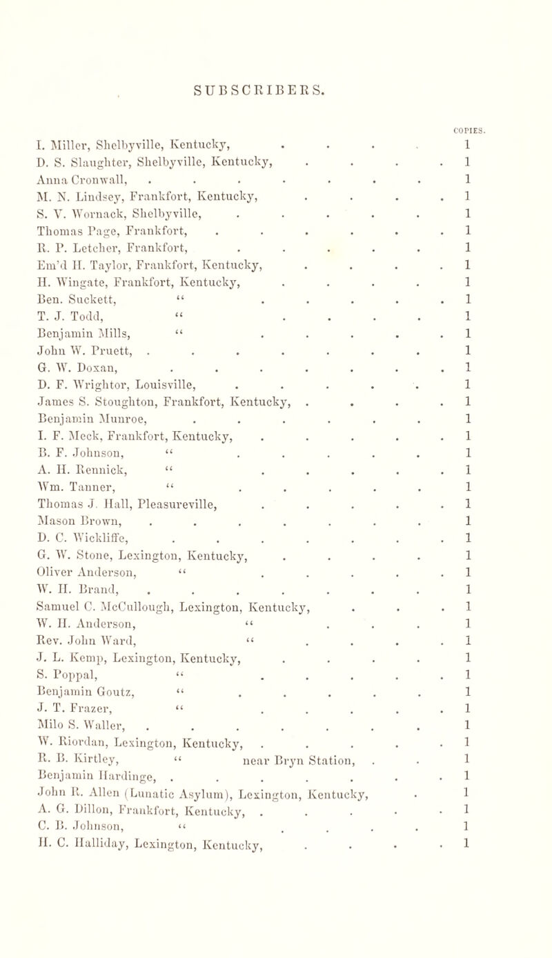 COPIES. 1 1 1 ] 1 1 1 1 1 1 1 1 1 1 1 1 1 1 1 1 1 1 1 1 1 1 1 1 1 1 1 1 1 1 1 ] 1 1 1 1 1 I. !Miller, Slielbyville, Kentucky, D. S. Slaughter, Slielbyville, Kentucky, Anna Cronwall, M. N. Lindsey, Frankfort, Kentucky, S. V. Wornack, Slielbyville, Thomas Page, Frankfort, R. P. Letcher, Frankfort, Em’d II. Taylor, Frankfort, Kentucky, II. Wingate, Frankfort, Kentucky, Ben. Suckett, “ T. J. Todd, Benjamin Wills, “ John W. Truett, G. W. Doxan, D. F. Wrightor, Louisville, James S. Stoughton, Frankfort, Kentucky Benjamin Munroe, I. F. Meek, Frankfort, Kentucky, B. F. Johnson, “ A. II. Rennick, “ Wm. Tanner, “ Thomas J Hall, Pleasureville, Mason Brown, U. C. Wickliffe, G. AV. Stone, Lexington, Kentucky, Oliver Anderson, “ W. II. Brand, Samuel C. McCullough, Lexington, Kentucky, W. H. Anderson, “ Rev. John Ward, “ J. L. Kemp, Lexington, Kentucky, S. Poppal, “ Benjamin Goutz, “ J. T. Frazer, “ Milo S. Waller, ..... W. Riordan, Lexington, Kentucky, It. B. Kirtley, “ near Bryn Station, Benjamin Ilardinge, ..... John R. Allen (Lunatic Asylum), Lexington, Kentucky, A. G. Dillon, Frankfort, Kentucky, C. B. Johnson, “