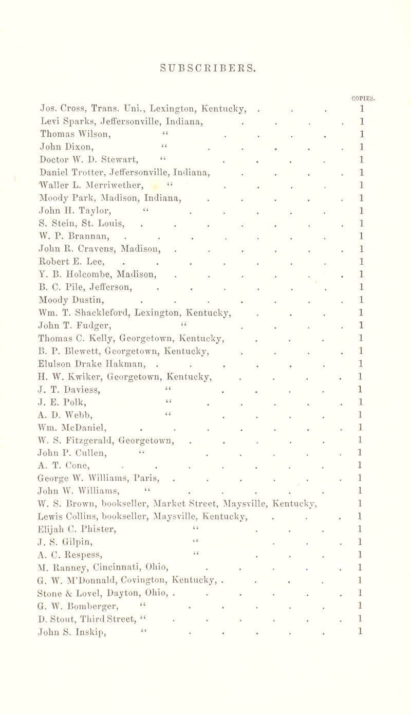 COPIES. 1 1 1 1 1 1 1 1 1 1 1 1 1 1 1 1 1 1 1 1 1 1 1 1 1 1 1 1 1 1 1 1 1 1 1 1 1 1 1 1 1 1 y, Jos. Cross, Trans. Uni., Lexington, Kentucky, Levi Sparks, Jeffersonville, Indiana, Thomas Wilson, “ John Dixon, “ Doctor W. D. Stewart, “ Daniel Trotter, Jeffersonville, Indiana, Waller L. Merriwether, “ Moody Park, Madison, Indiana, John II. Taylor, “ S. Stein, St. Louis, .... W. P. Brannan, .... John R. Cravens, Madison, Robert E. Lee, .... Y. B. Holcombe, Madison, B. C. Pile, Jefferson, Moody Dustin, .... Wm. T. Shackleford, Lexington, Kentucky, John T. Fudge!־, “ Thomas C. Kelly, Georgetown, Kentucky, B. P. Blewett, Georgetown, Kentucky, Elulson Drake Ilakman, . H. W. Ivwiker, Georgetown, Kentucky, J. T. Daviess, “ .T. E. Polk, A. D. Webb, Wm. McDaniel, .... W. S. Fitzgerald, Georgetown, John P. Cullen, “ A. T. Cone, .... George W. Williams, Paris, John W. Williams, “ W. S. Brown, bookseller, Market Street, Maysville, Iventucl Lewis Collins, bookseller, Maysville, Kentucky, Elijah C. I’histcr, “ J. S. Gilpin, “ A. C. Respess, “ M. ltanney, Cincinnati, Ohio, G. W. M’Donnald, Covington, Kentucky, . Stone & Lovel, Dayton, Ohio, . G. W. Bomberger, “ D. Stout, Third Street, “ John S. Inskip, “